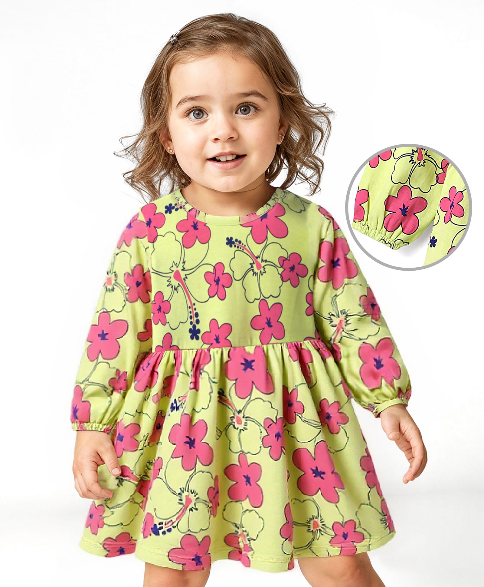 Doodle Poodle 100% Cotton Knit Full Sleeves Frock with Bloomer & Floral Print - Limegreen-picture-33