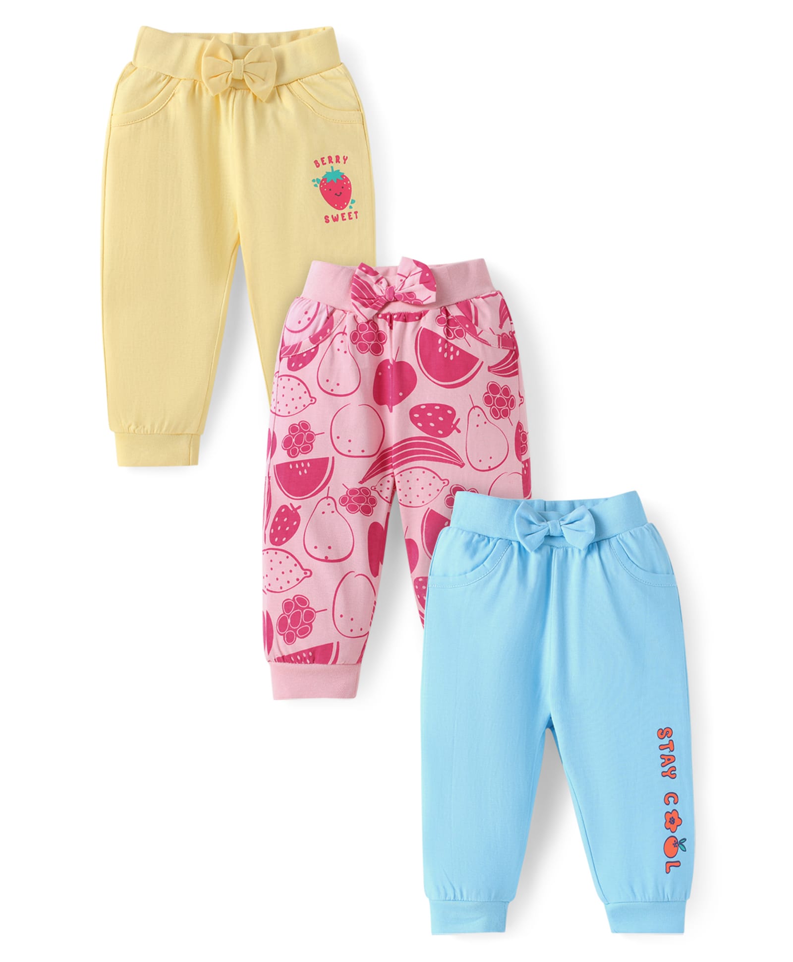 Doodle Poodle Single Jersey Knit Full Length Fruit & Floral Printed Lounge Pants With Bow Applique Pack of 3 - Light Blue Pink & Yellow-picture-16