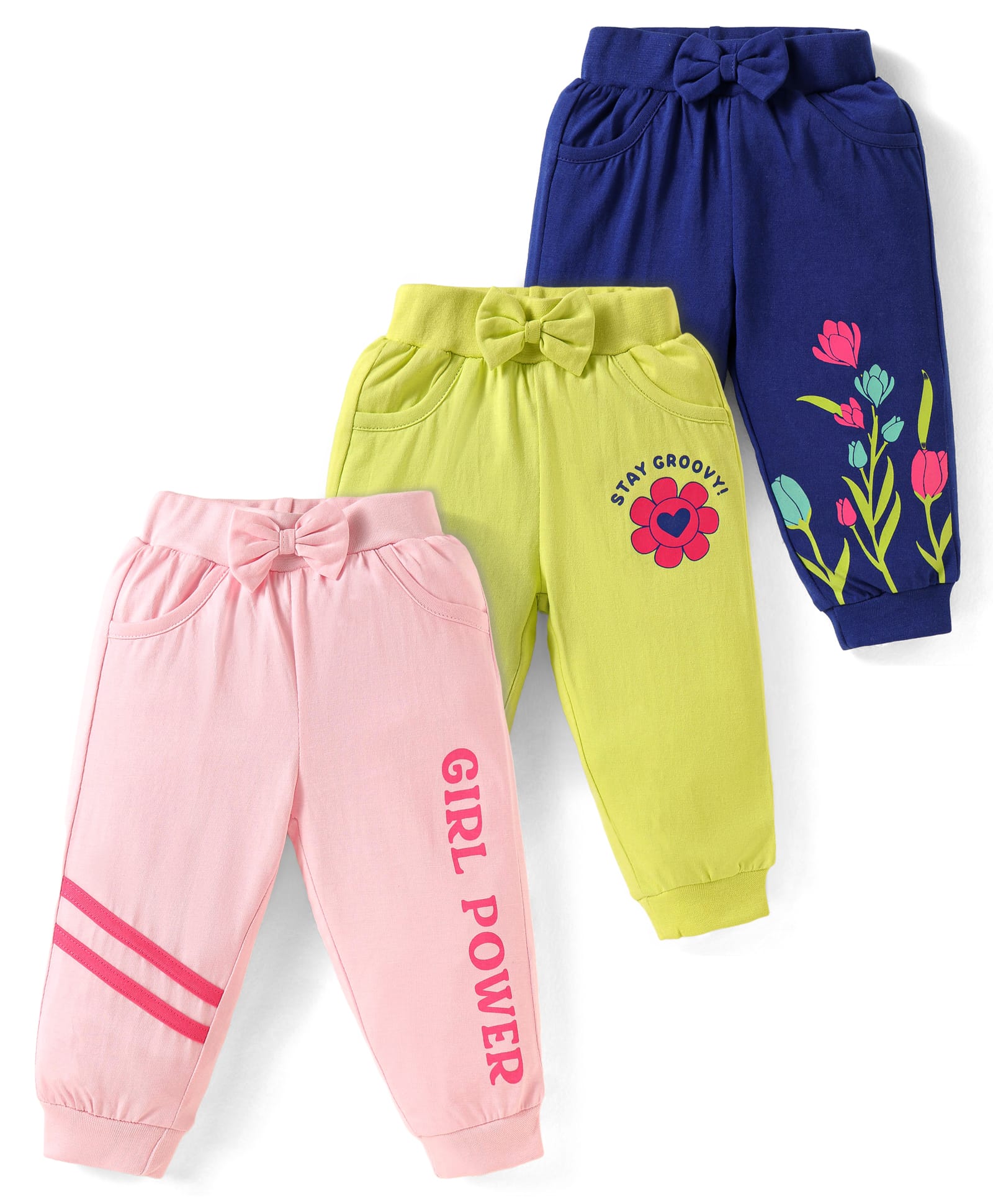 Doodle Poodle Single Jersey Knit Full Length Floral & Text Printed Lounge Pants Pack of 3 - Navy Blue Pink & Lime Green-picture-15