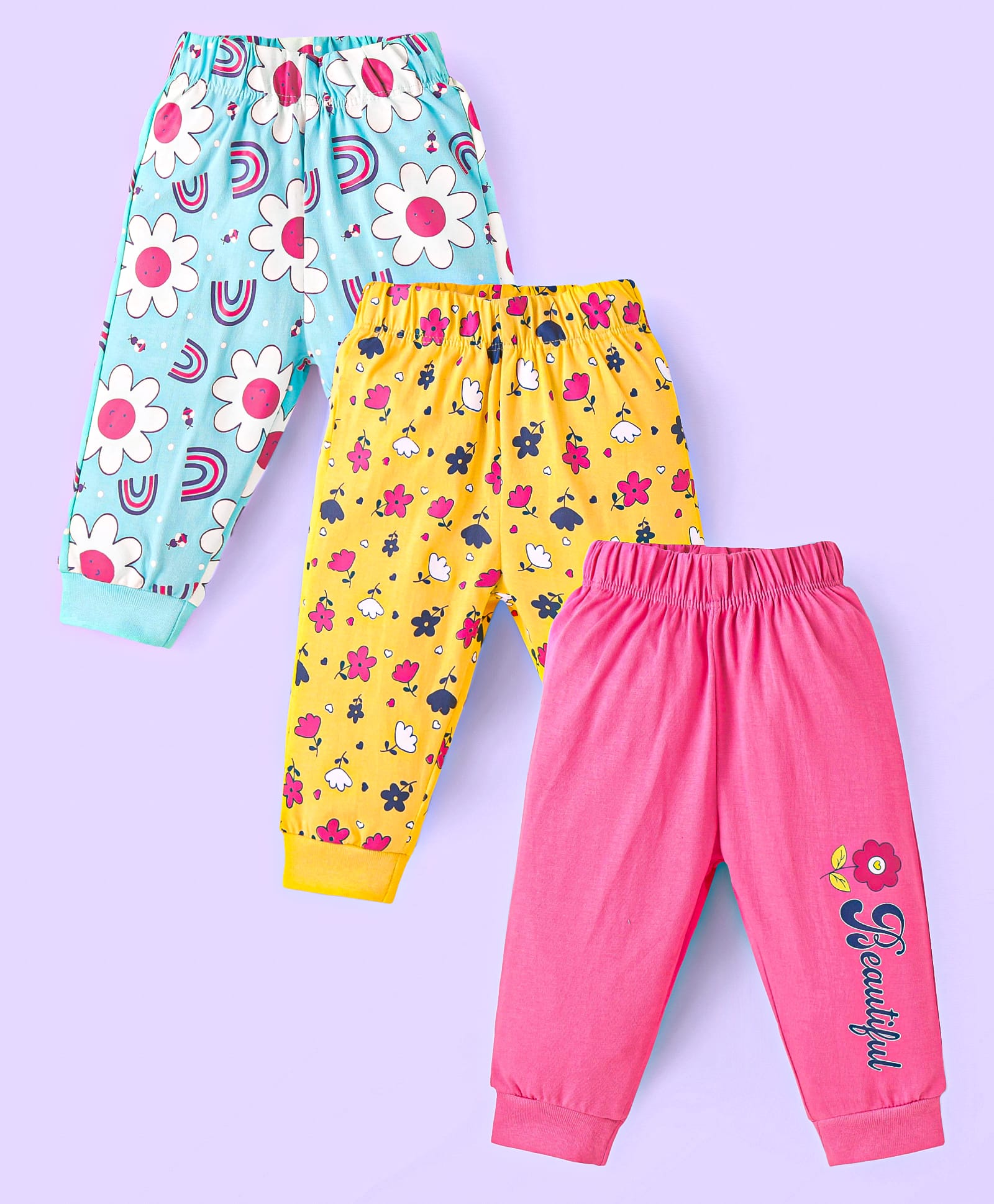 Doodle Poodle Cotton Knit Full Length Lounge Pants with Floral Print Pack of 3 - Light Blue Yellow & Dark Pink-image-19