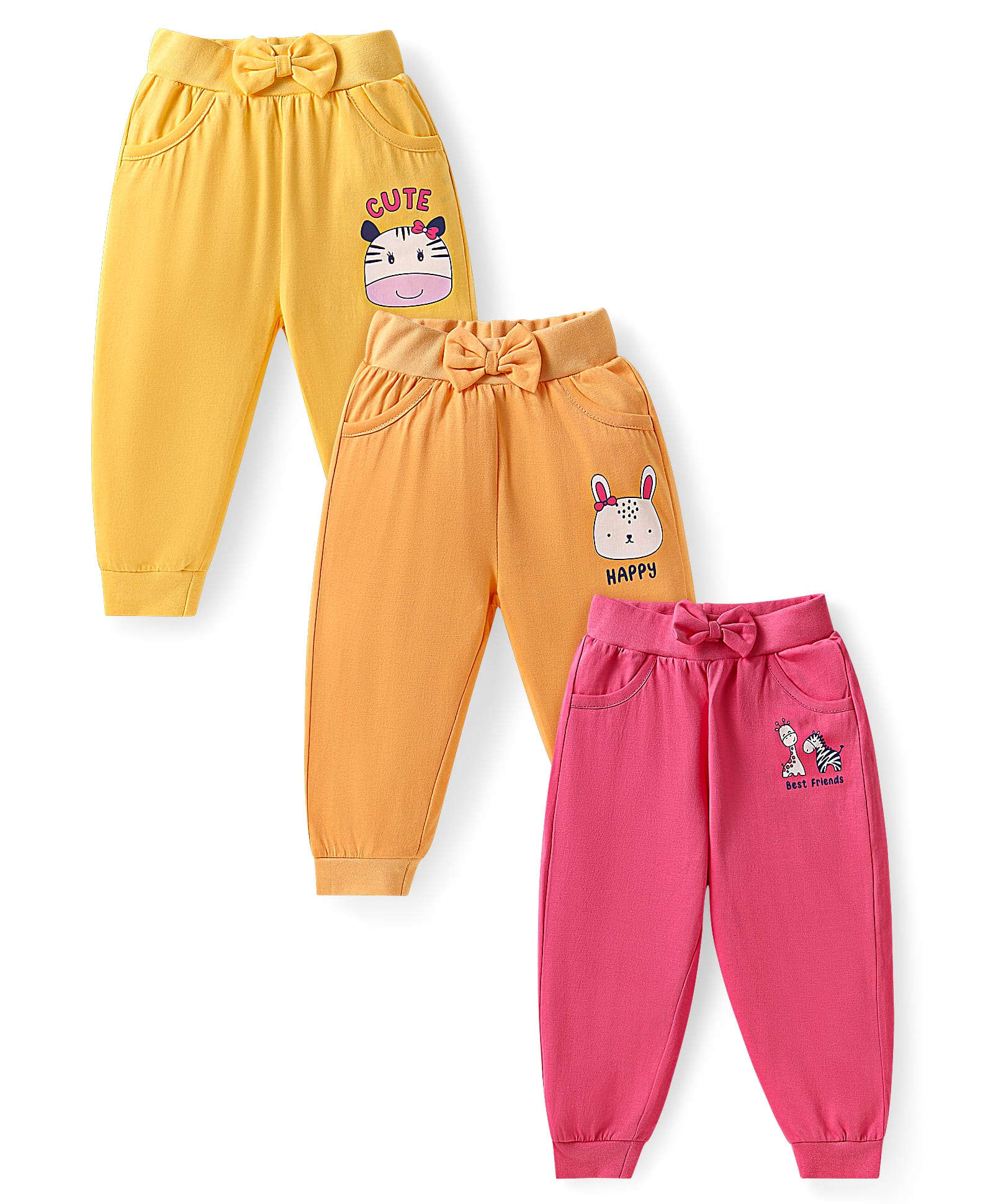 Doodle PoodleCotton Knit Full Length Lounge Pants with Animal Print & Bow Applique Pack of 3 - Yellow Pink & Mustard-image-16