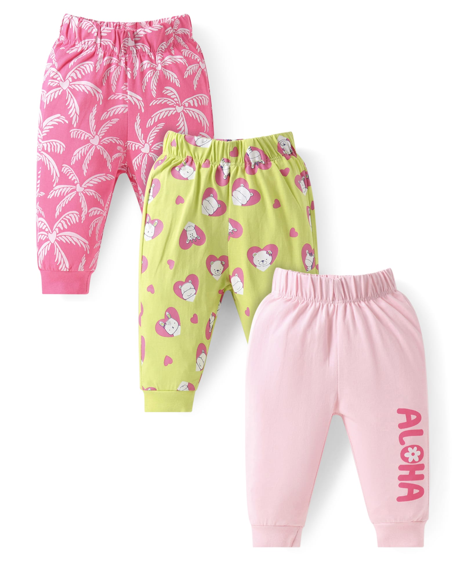Doodle Poodle Cotton Knit Full Length Lounge Pant with Bear & Trees Print Pack of 3 - Pink & Lime Green-picture-7