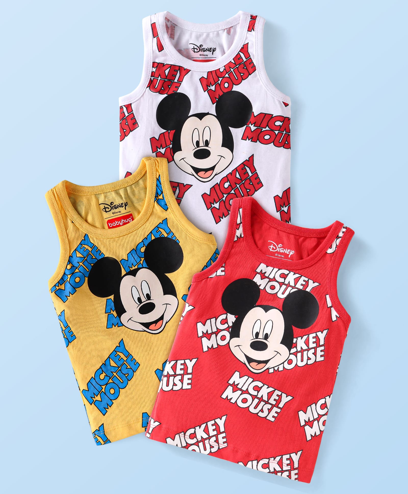 Babyhug Disney Interlock Knit Sleeveless Vests With Mickey Mouse Graphics Pack of 3 - Red Yellow & White-image-25