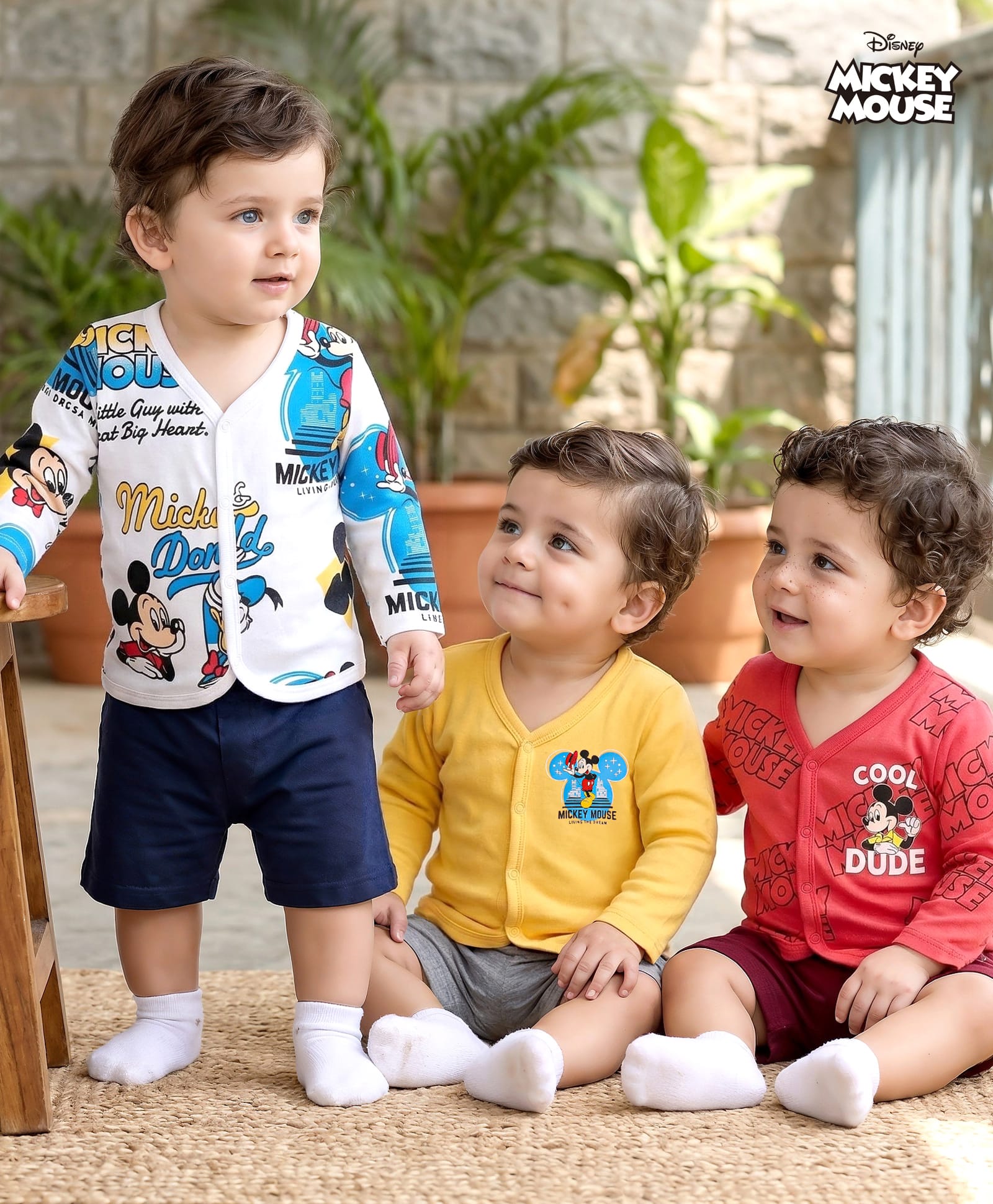 Babyhug Disney Interlock Knit Full Sleeves Jhablas with Mickey Mouse Graphics Pack of 3 - White Red & Yellow-image-24