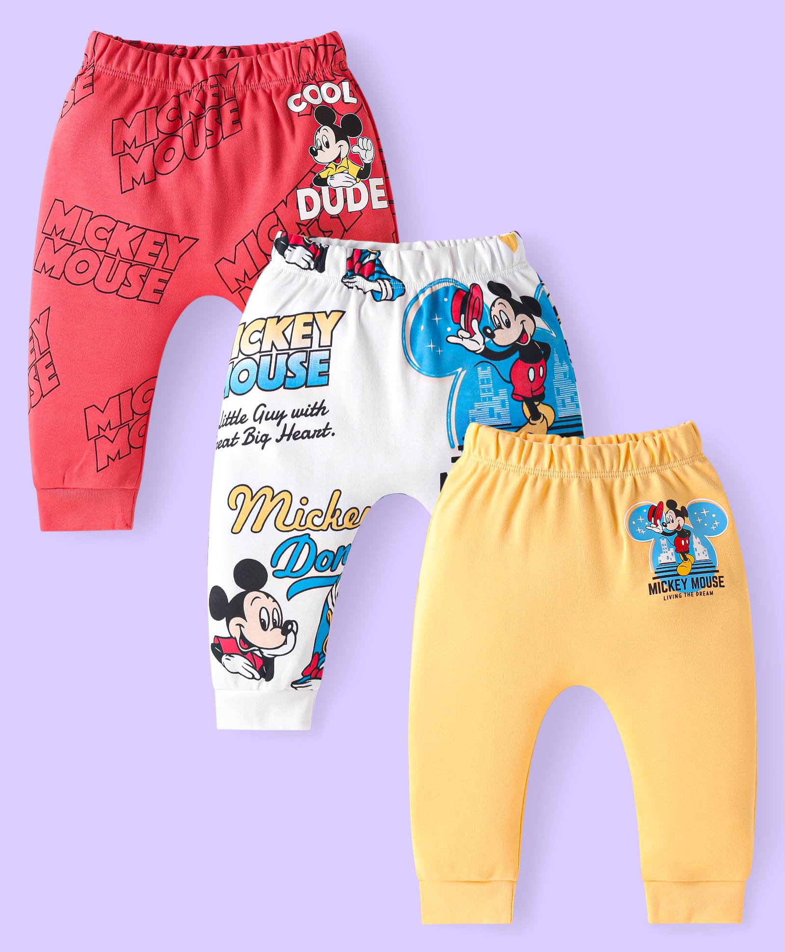 Babyhug Disney Interlock Knit Full Length Mickey Mouse Printed Diaper Leggings Pack of 3- Yellow White & Red-image-36