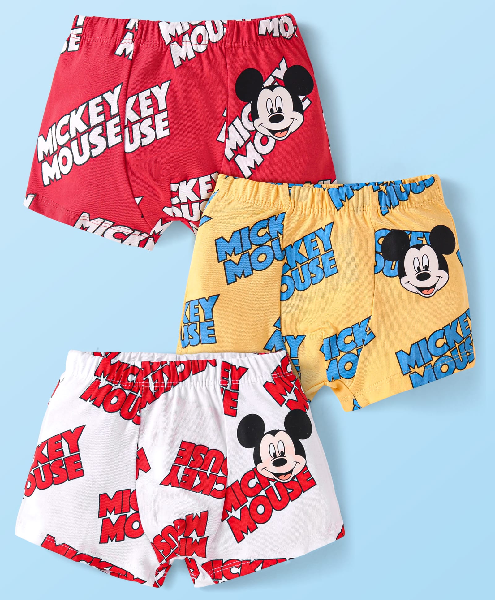 Babyhug Disney Interlock Knit Trunks With Mickey Mouse Graphics Pack of 3 - White Yellow & Red-image-34