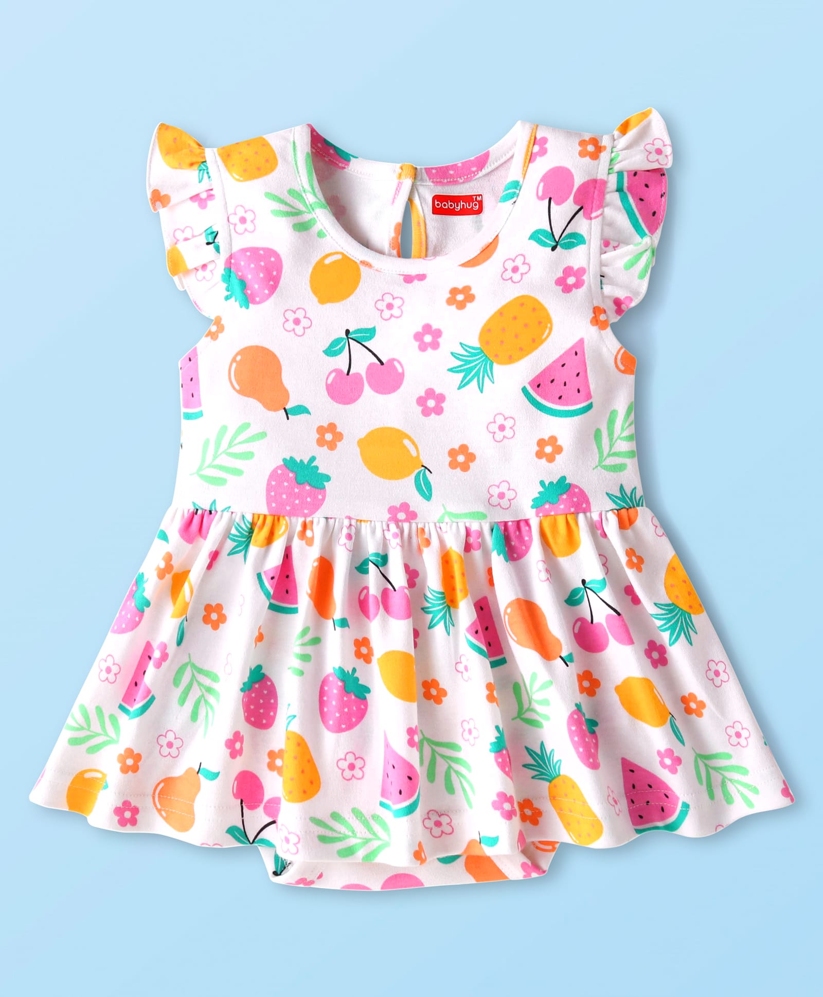 Babyhug 100% Cotton Knit Frill Sleeves Frock Style Onesie with Watermelon Print - White-image-48