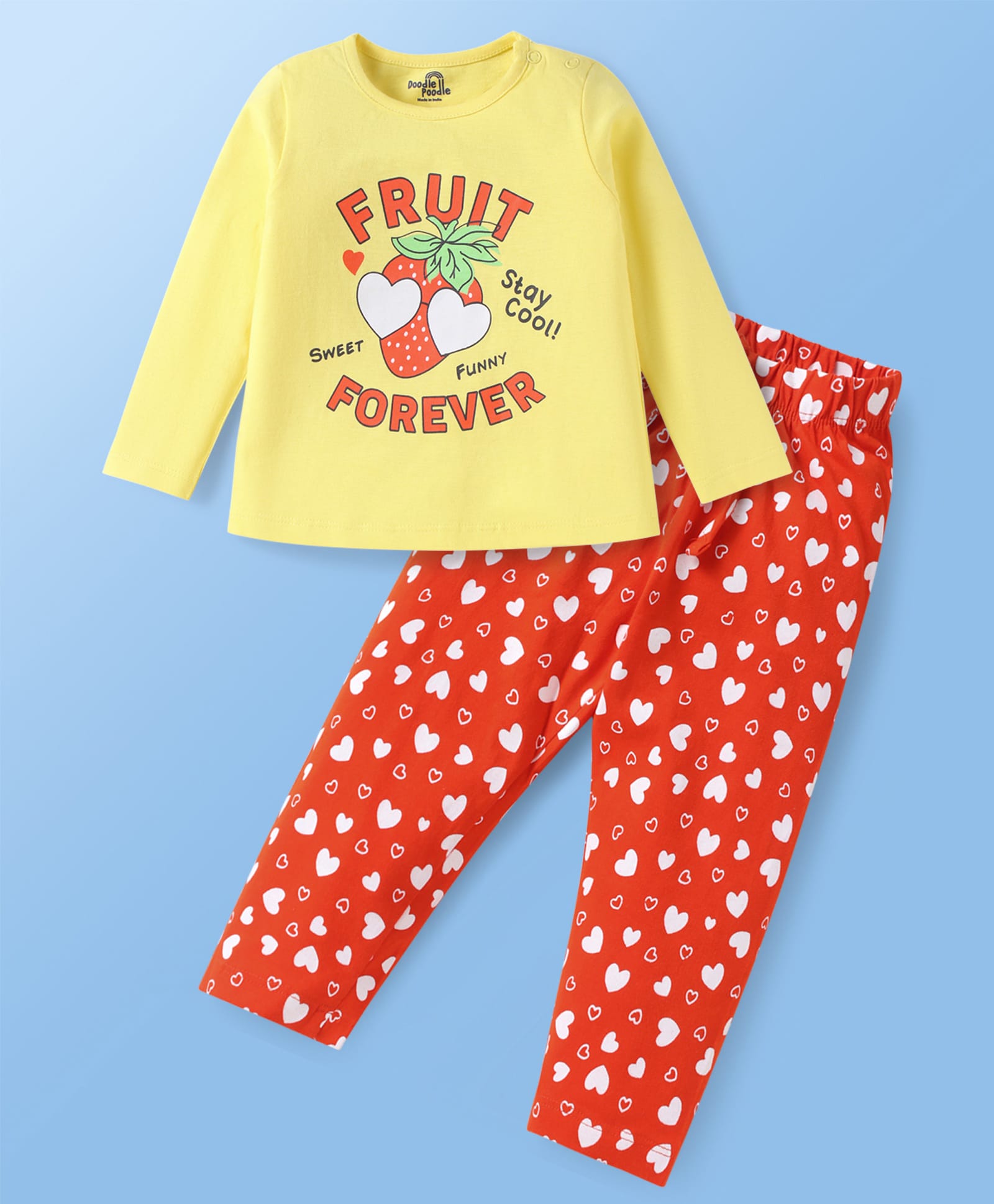 Doodle Poodle 100% Cotton Knit Full Sleeves Night Suit With Fruit & Heart Print - Lemon Yellow-picture-17