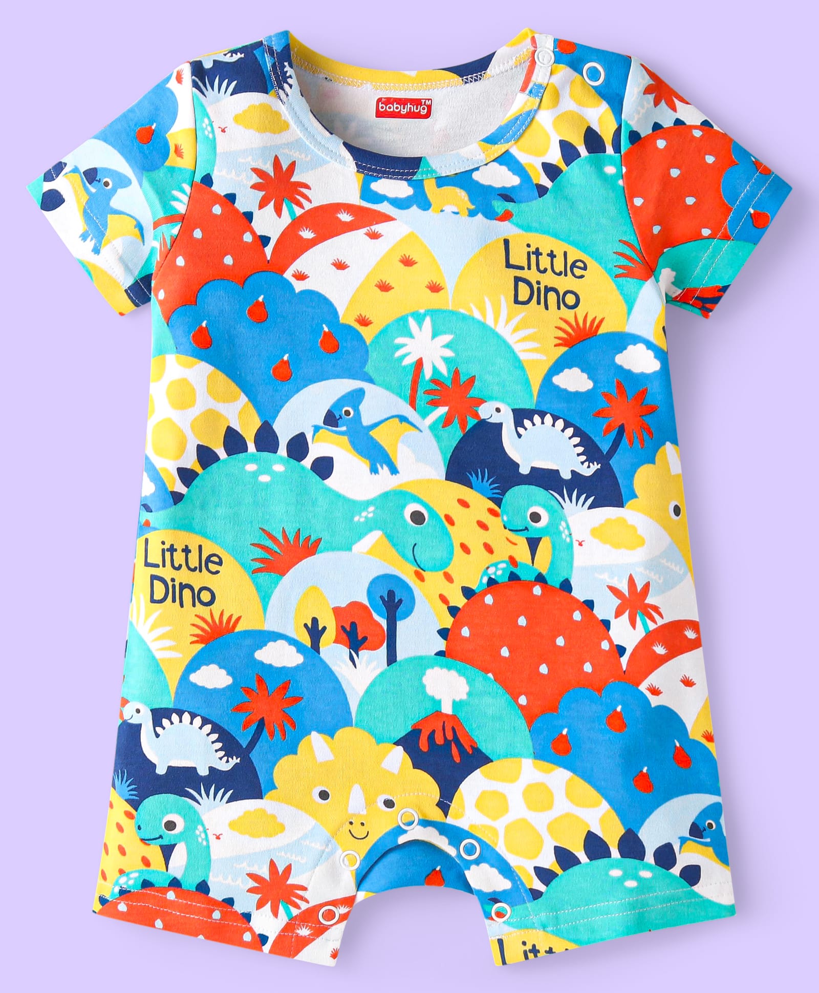 Babyhug 100% Cotton Knit Half Sleeves Dino Printed Romper - White Red & Green-image-19