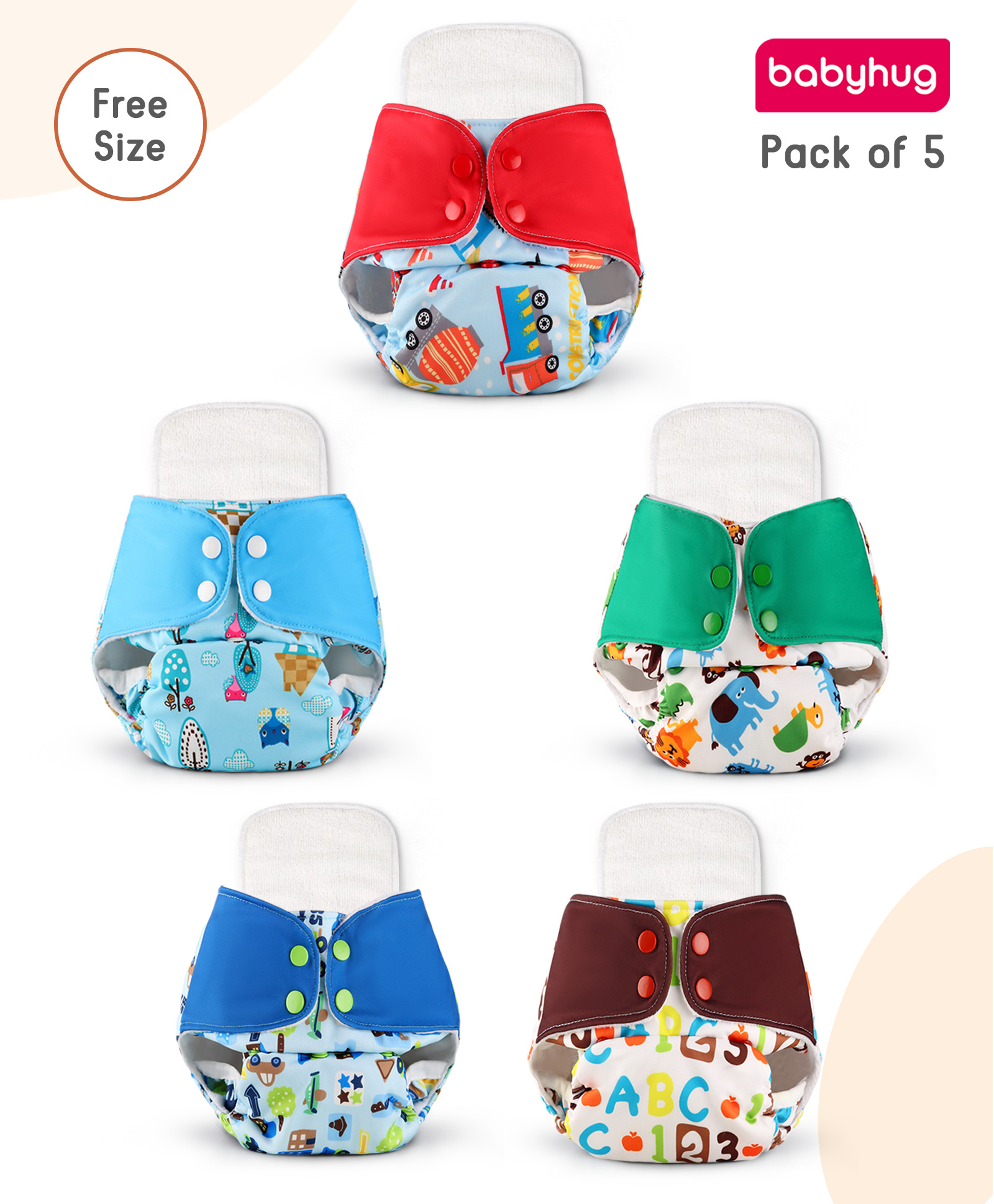 Babyhug Reusable Cloth Diaper with Contrast Flap and Insert Pack of 5 | Washable & Eco-friendly| Adjust to Suit Waist Size| Easy Snap Buttons| Soft & Skin Friendly| High Absorbency Inserts