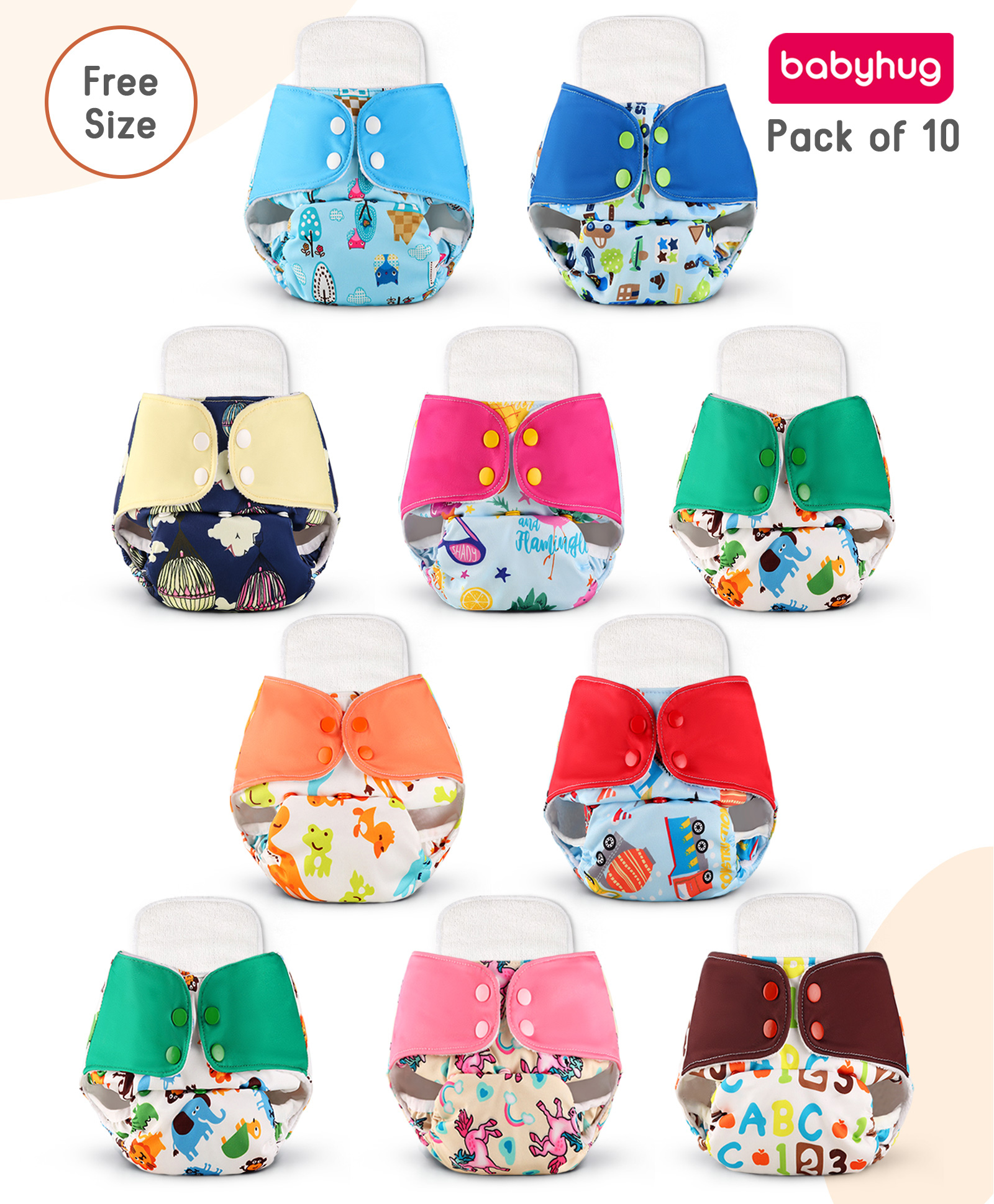 Babyhug Reusable Cloth Diaper with Contrast Flap and Insert Pack of 10 | Washable & Eco-friendly| Adjust to Suit Waist Size| Easy Snap Buttons| Soft & Skin Friendly| High Absorbency Inserts
