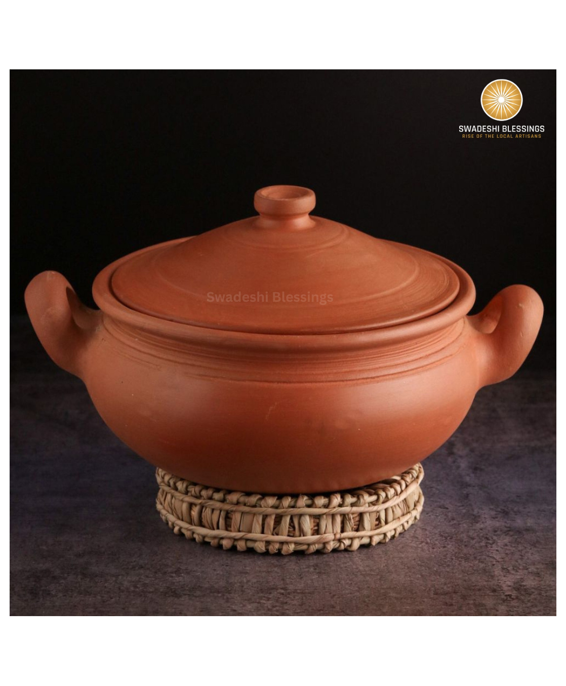 Swadeshi Blessings HandMade Unglazed Clay Pot For Cooking & Serving with Lid Earthen Kadai Mud Handi 2 Litres - Brown-image-48