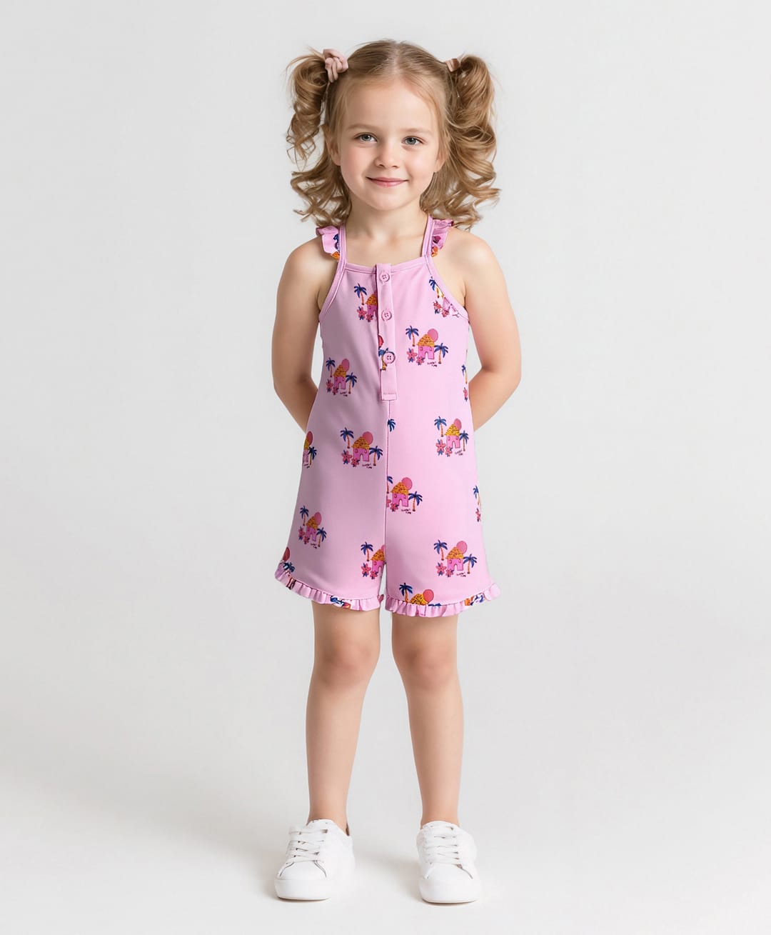 Bonfino 100% Cotton Knit Frill Sleeves Beach Theme Printed Jumpsuit - Pink-picture-18