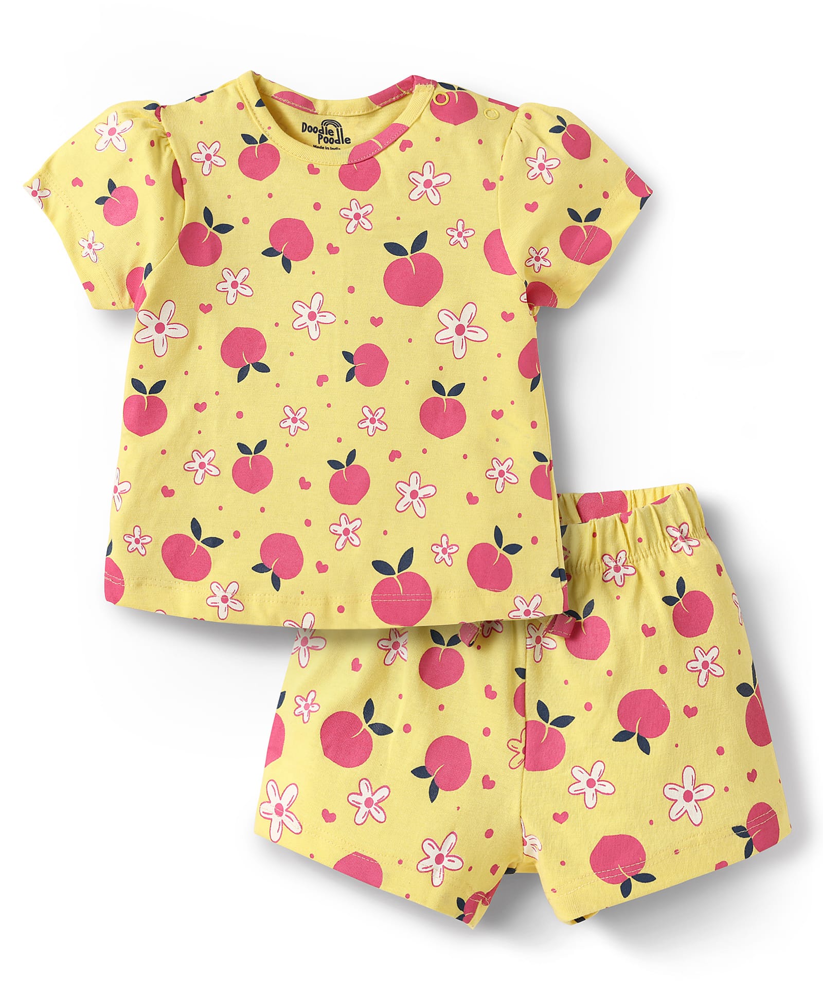 Doodle Poodle 100% Cotton Knit Half Sleeves Co-ords Shorts Night Suit with Fruits Print - Lemon Yellow-image-11