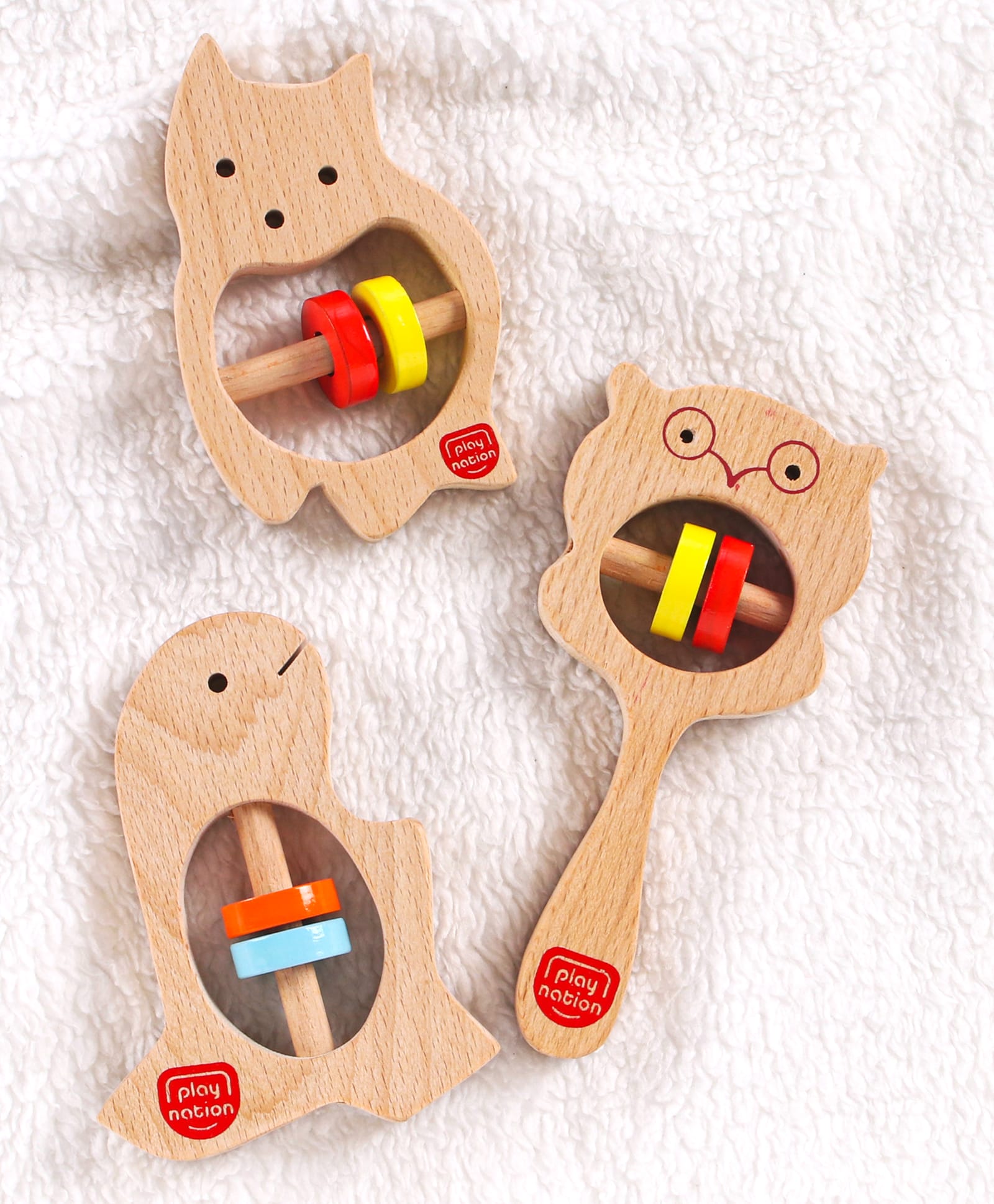 Play Nation Wooden Dino Cat & Owl Teething Rattle Toy Pack of 3 - Brown