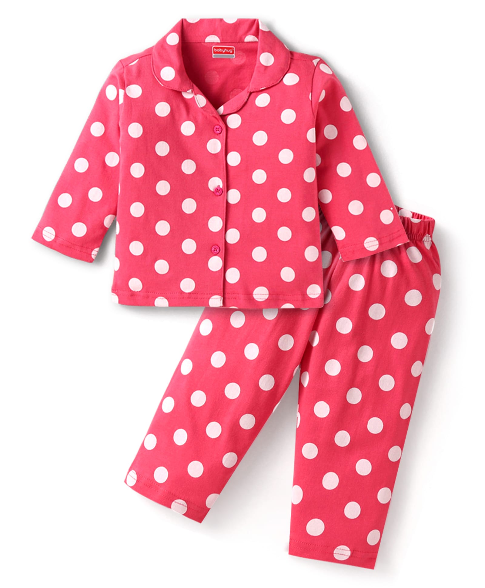 Babyhug Cotton Knit Full Sleeves Co-ords Night Suit with Polka Dots Print - Dark Pink-image-42