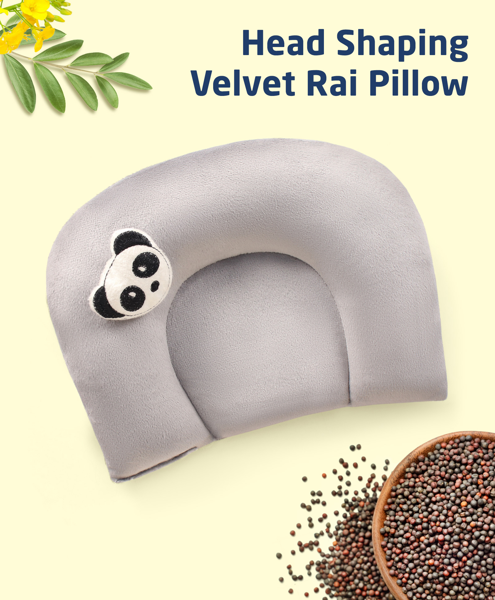Zoe Velvet Head Shaping Rai (Mustard Seeds) Pillow, Panda Motif- Grey-picture-42