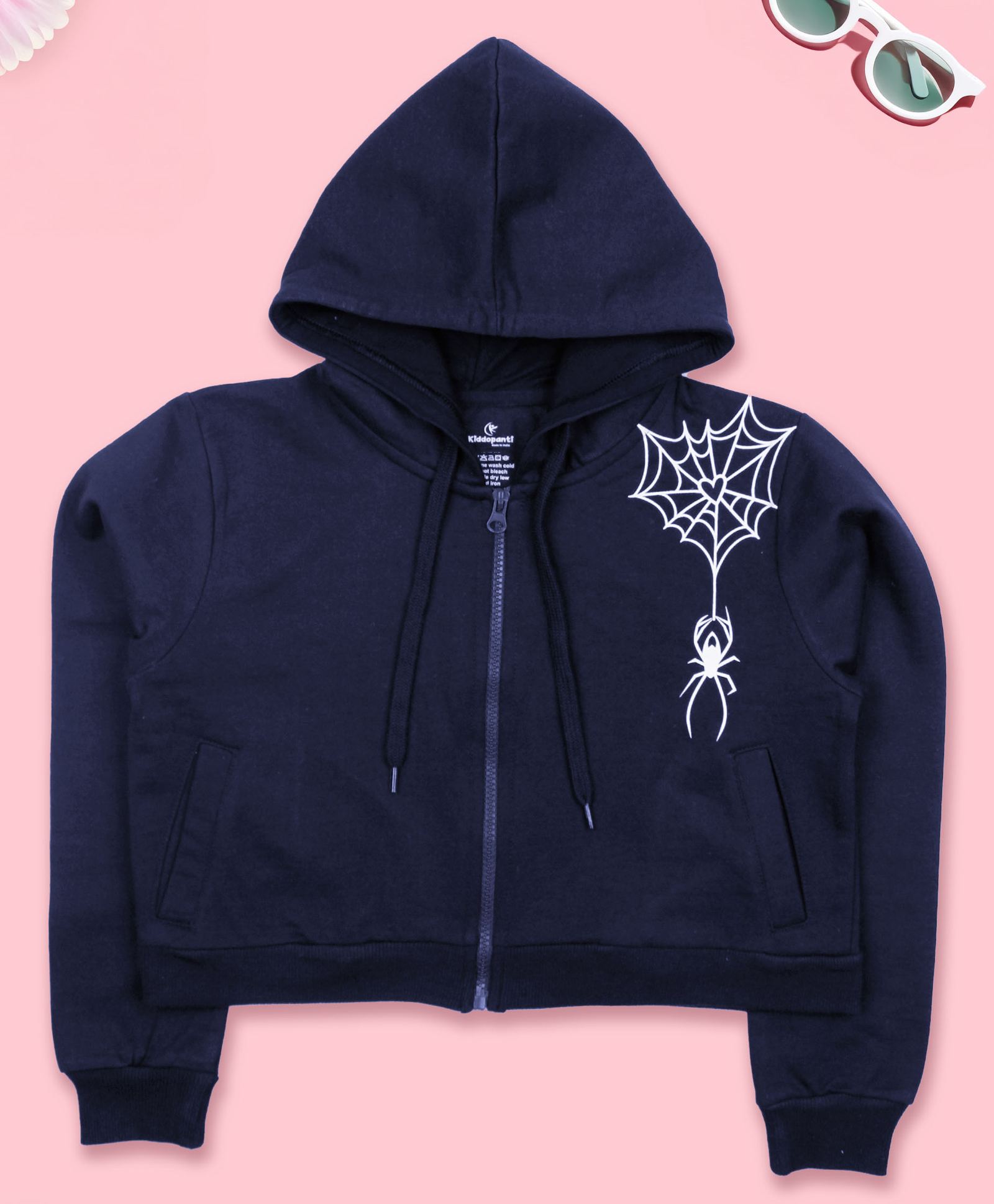 Kiddopanti Fleece Full Sleeves Spider Printed Front Zip Opening Crop Length Hooded Sweatshirt - Navy-picture-28