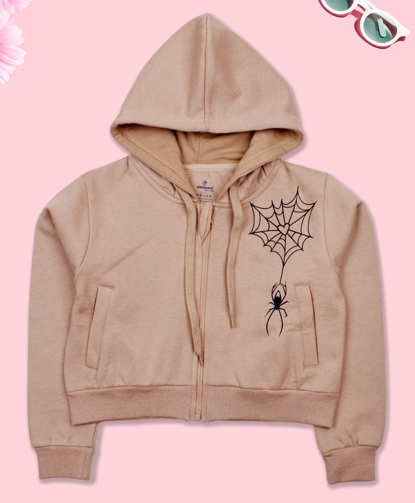 Kiddopanti Fleece Full Sleeves Spider Printed Front Zip Opening Crop Length Hooded Sweatshirt - Beige-picture-17