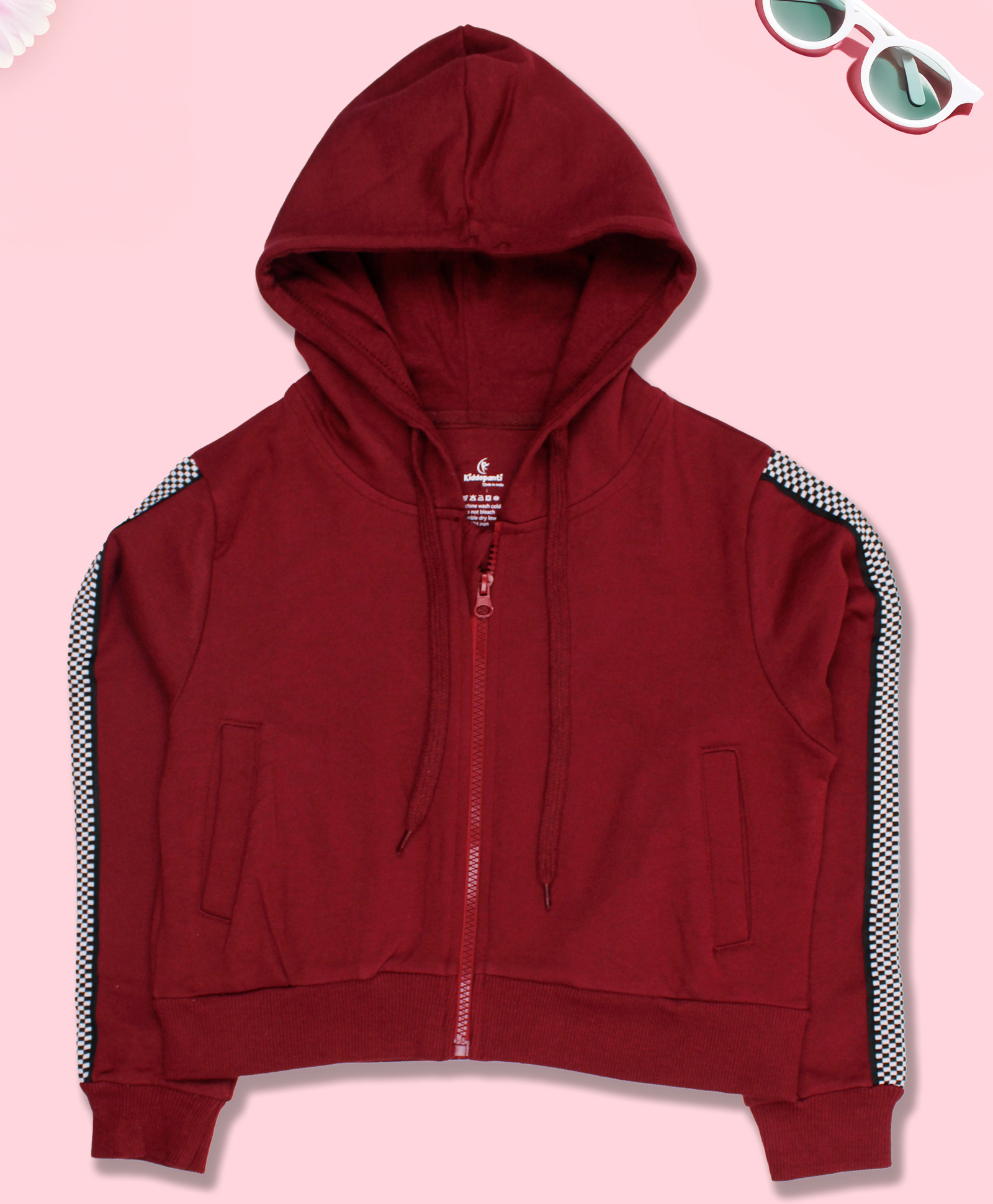 Kiddopanti Fleece Full Sleeves Front Zip Opening Crop Length Hooded Sweatshirt - Maroon-picture-33