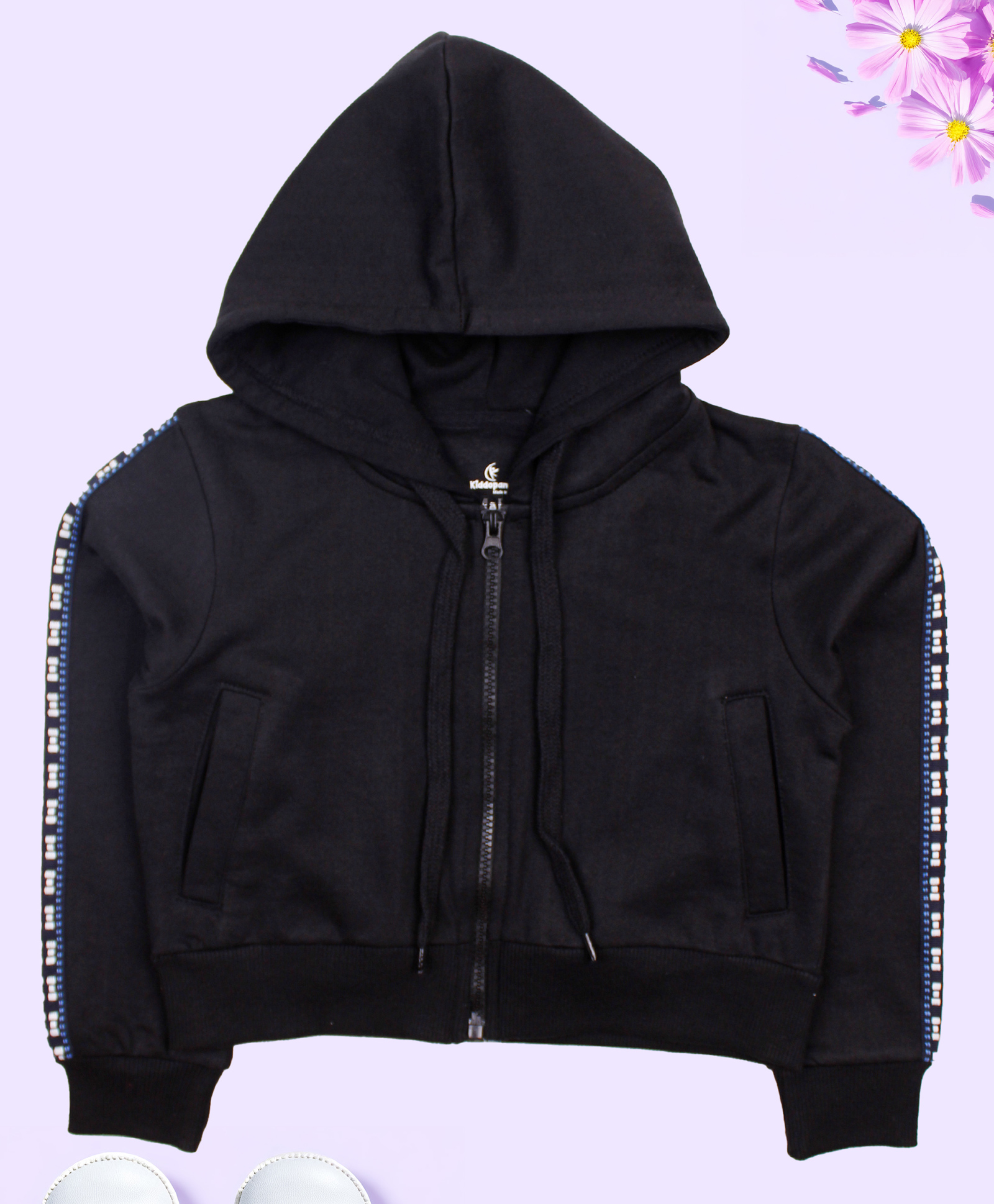 Kiddopanti Fleece Full Sleeves Front Zip Opening Crop Length Hooded Sweatshirt - Black-image-11