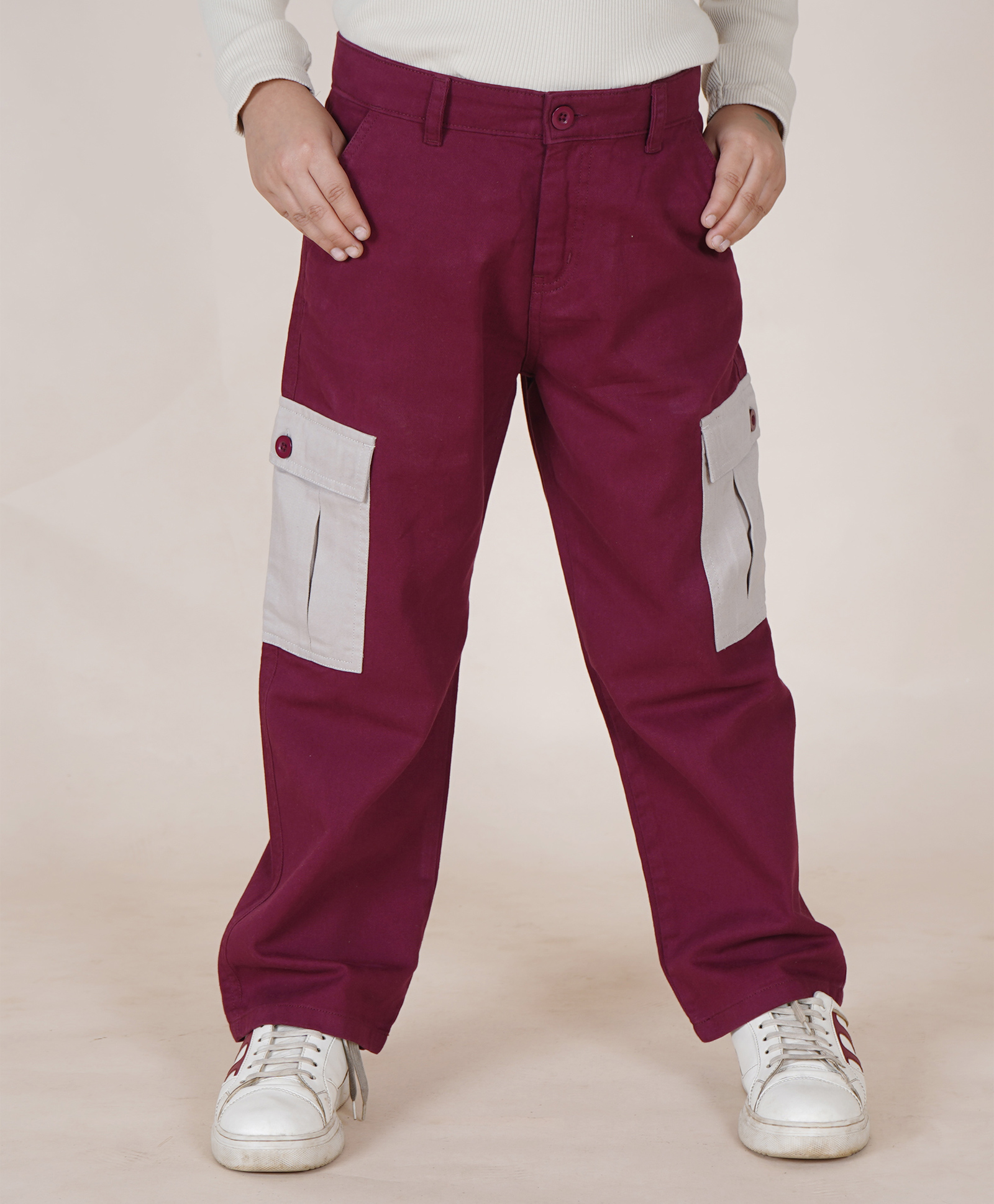 Kiddopanti Cotton Full Length Cargo Pant With Contrast Pocket - Maroon & Beige-picture-26