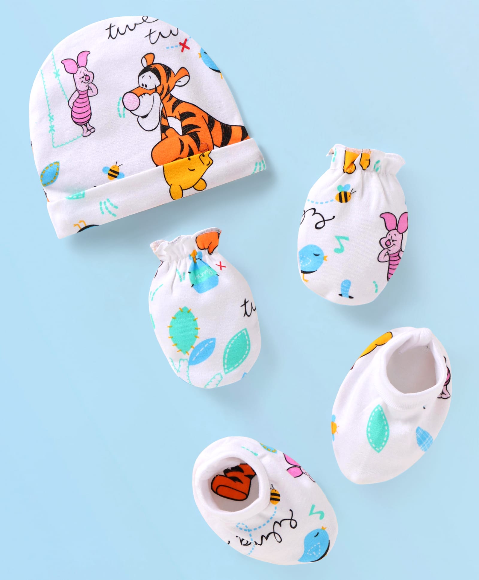 Babyhug Disney Interlock Knit Cap Mittens & Booties Set with Winnie & Friends Graphics - White-image-34