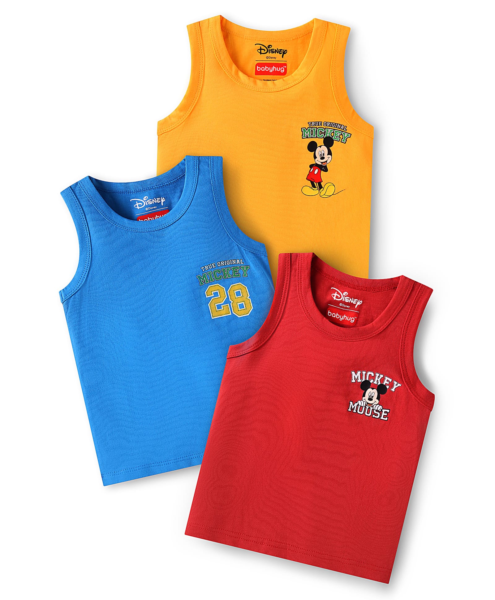 Babyhug Disney Interlock Knit Sleeveless Vests with Mickey Mouse Graphics Pack of 3 - Red Yellow & Blue-image-42