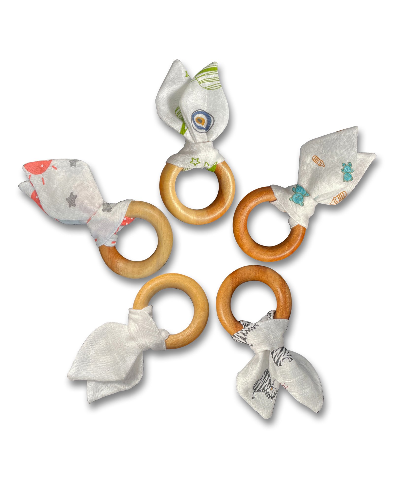 BitFeex Wood Ring with ear cloths 3 Inch Baby Soft Muslin Sensory Crinkle Bunny Ear Wood Teething Ring-Color May Vary-picture-16