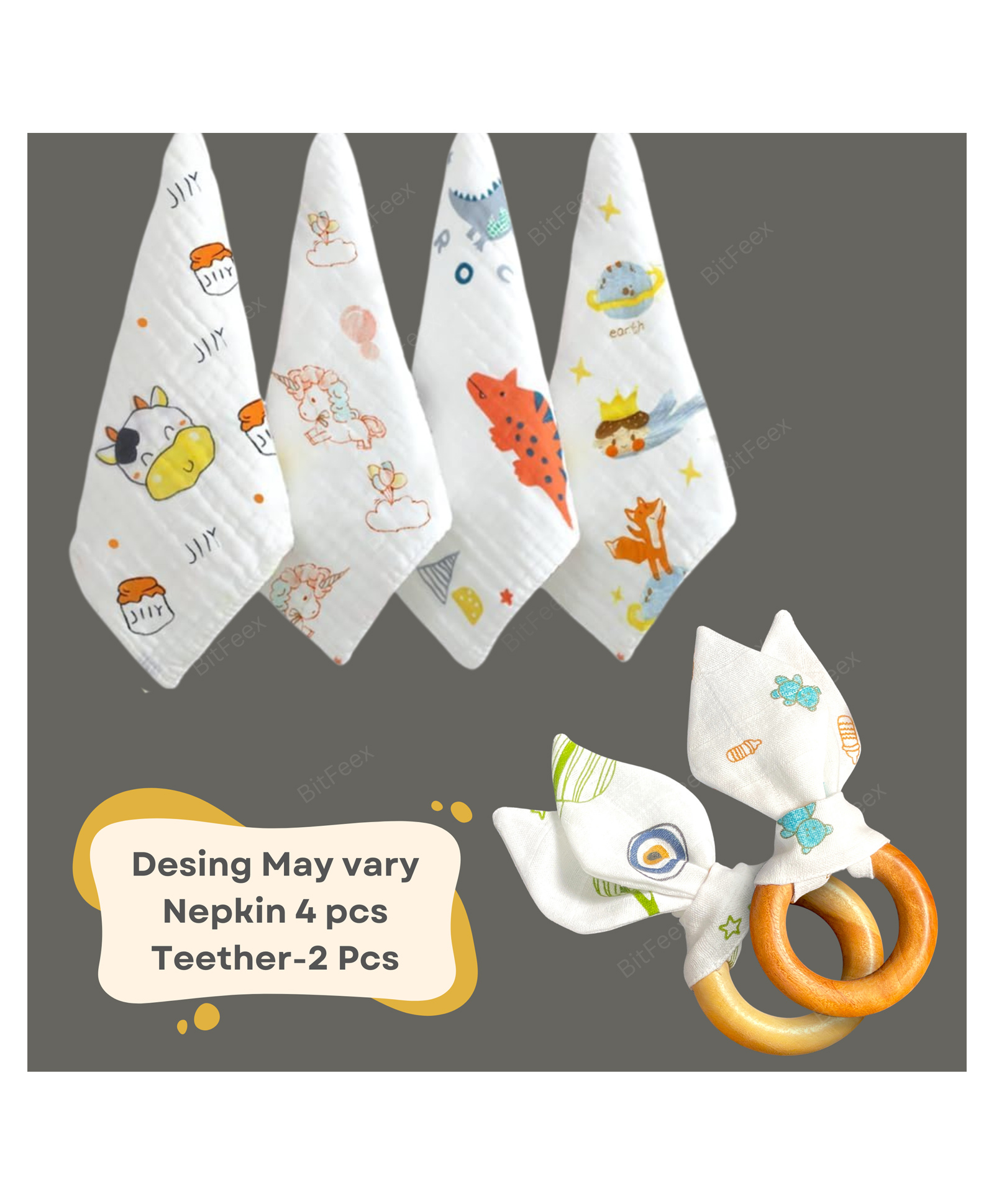 BitFeex Wood Ring with Nepkin Baby Face Towels for Boys Girls Fleece Muslin Wash Cloth Organic Cotton Face Nepkin-4 pcs, Wooden teether-2 pcs, Design May Vary-image-3