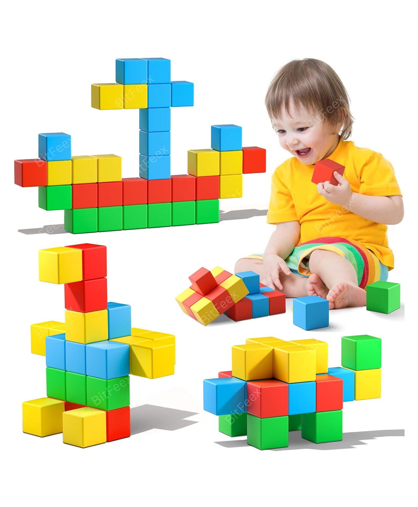 BitFeex Magnetic square Block 3D Magnetic Cubes for Toddlers Preschool Educational Sensory Building Blocks for Boys Girls Toddlers- 32 pcs-image-7