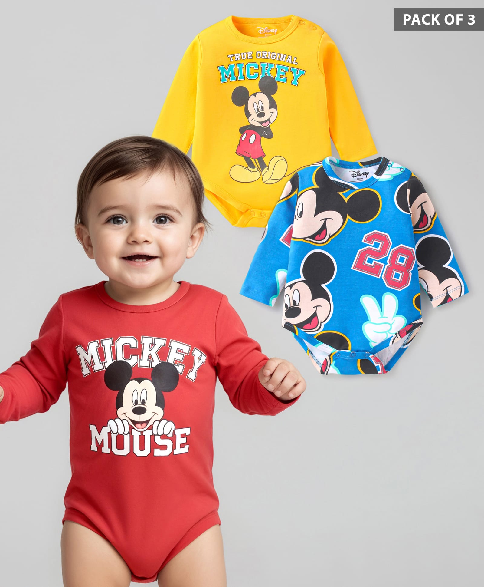 Babyhug Disney Interlock Knit Full Sleeves Onesies With Mickey Mouse Graphics Pack of 3 - Yellow Blue & Maroon-picture-23