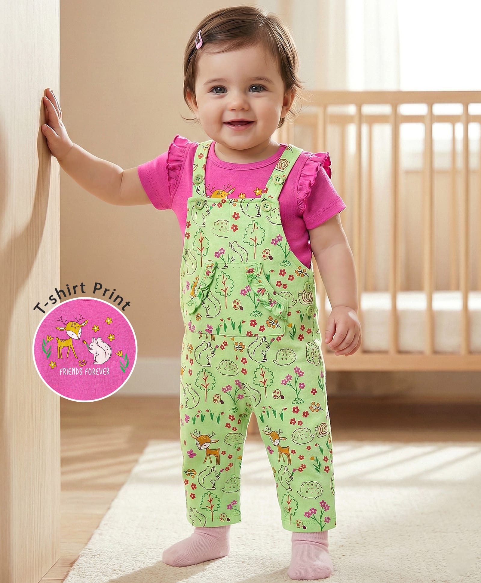 Babyoye 100% Cotton Interlock Knit Half Sleeves Inner Tee & Dungaree Set with Eco- Jiva Finish & Animal Print - Light Green & Pink-image-48