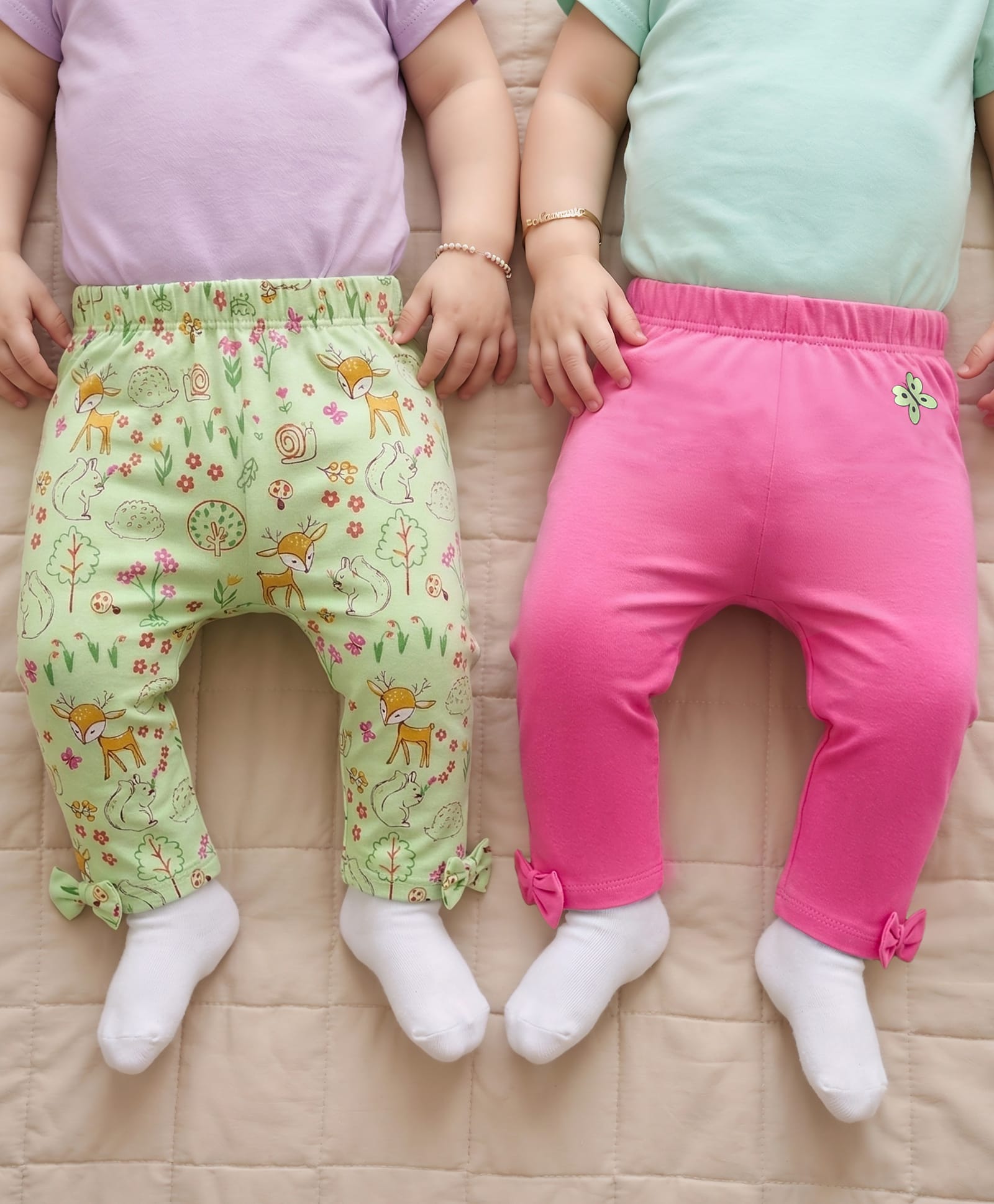 Babyoye 100% Cotton Knit With Eco Jiva Finish Full Length Diaper Leggings With Floral & Animal Print & Bow Applique Pack of 2 - Dark Pink & Lime Green-picture-33