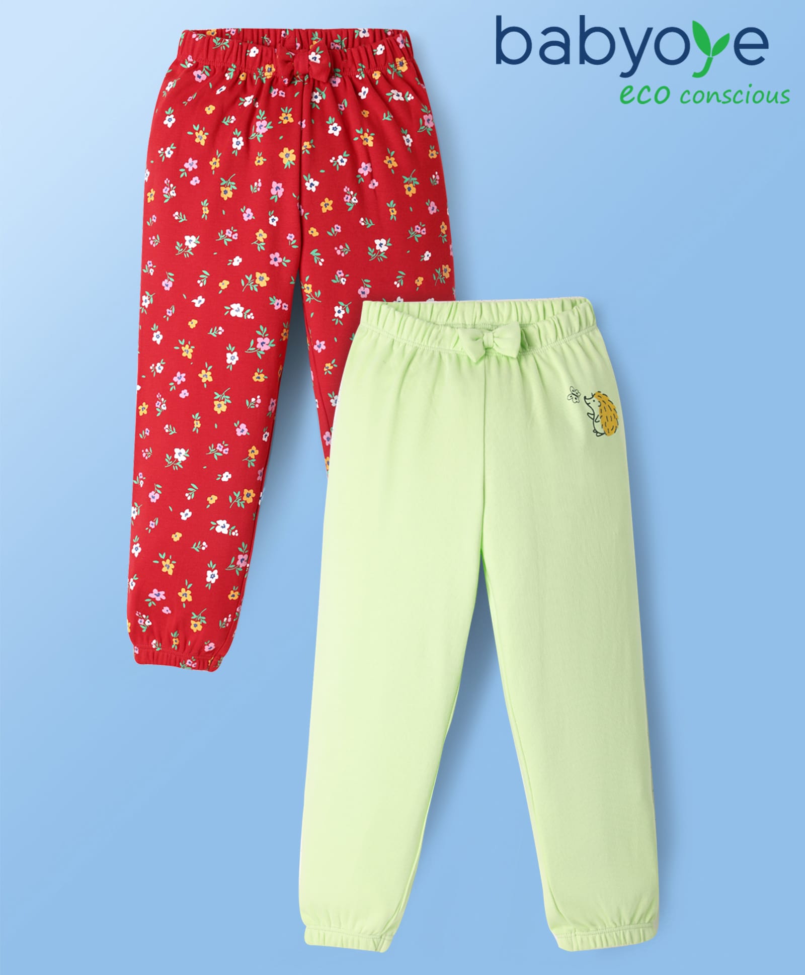 Babyoye 100% Cotton Knit With Eco- Jiva Finish Full Length Leggings With Floral & Animal Print Pack of 2 - Red & Lime Green-image-27