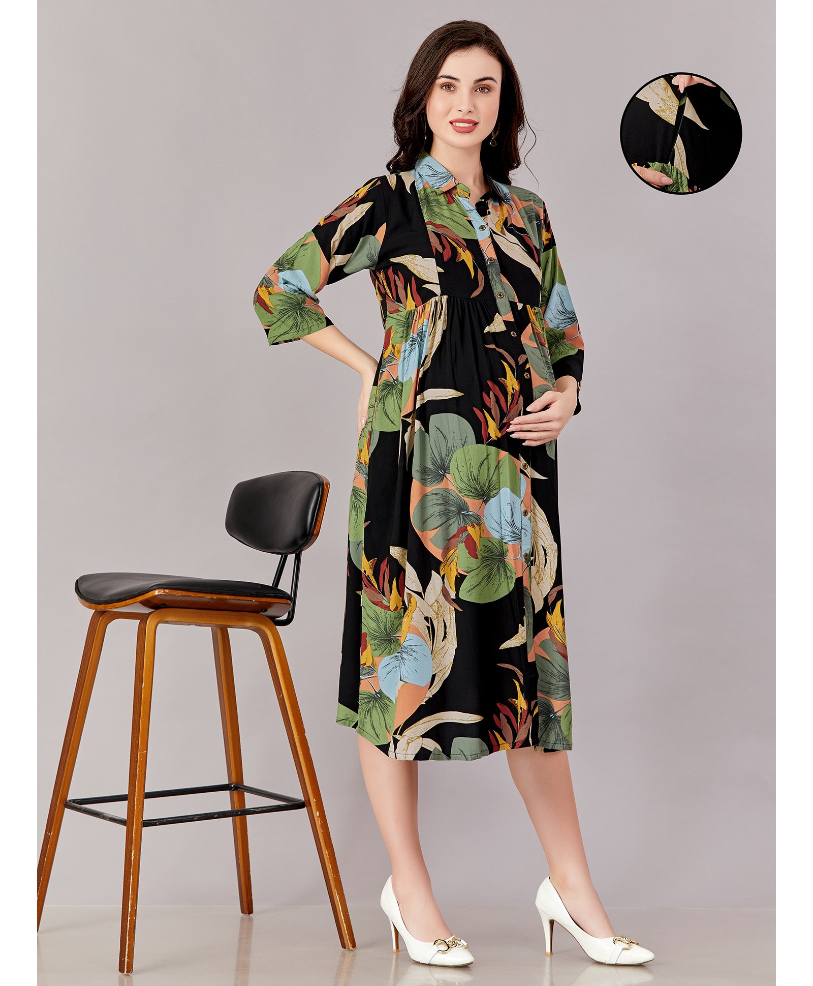 Lovely Mom's Three Fourth Sleeves Maternity Dress With Pocket & Concealed Zipper Nursing Access - Black-image-39