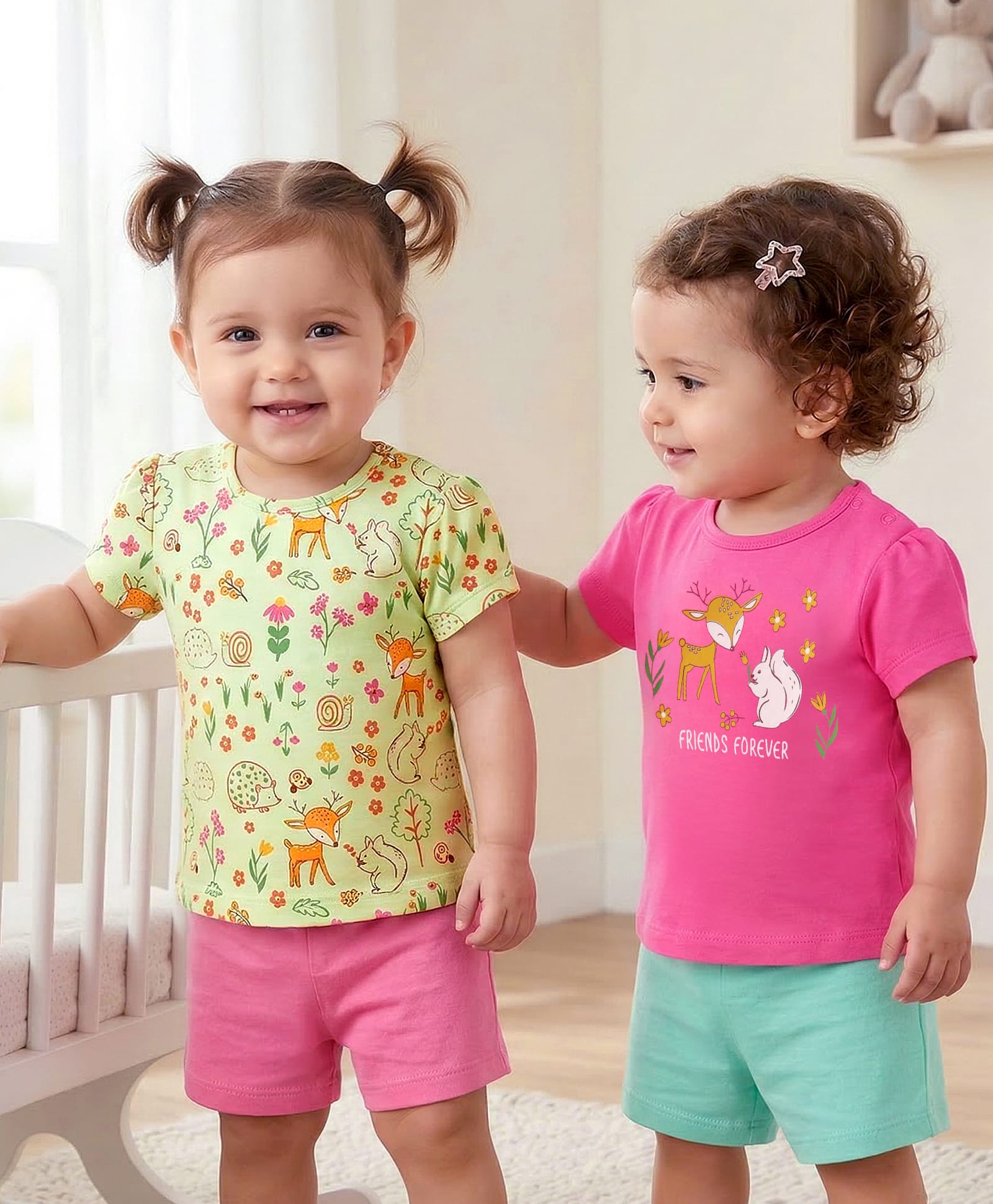 Babyoye Interlock Knit Half Sleeves Eco Jiva Finish Tops with Animal Print Pack of 2 - Dark Pink & Lime Green-picture-28