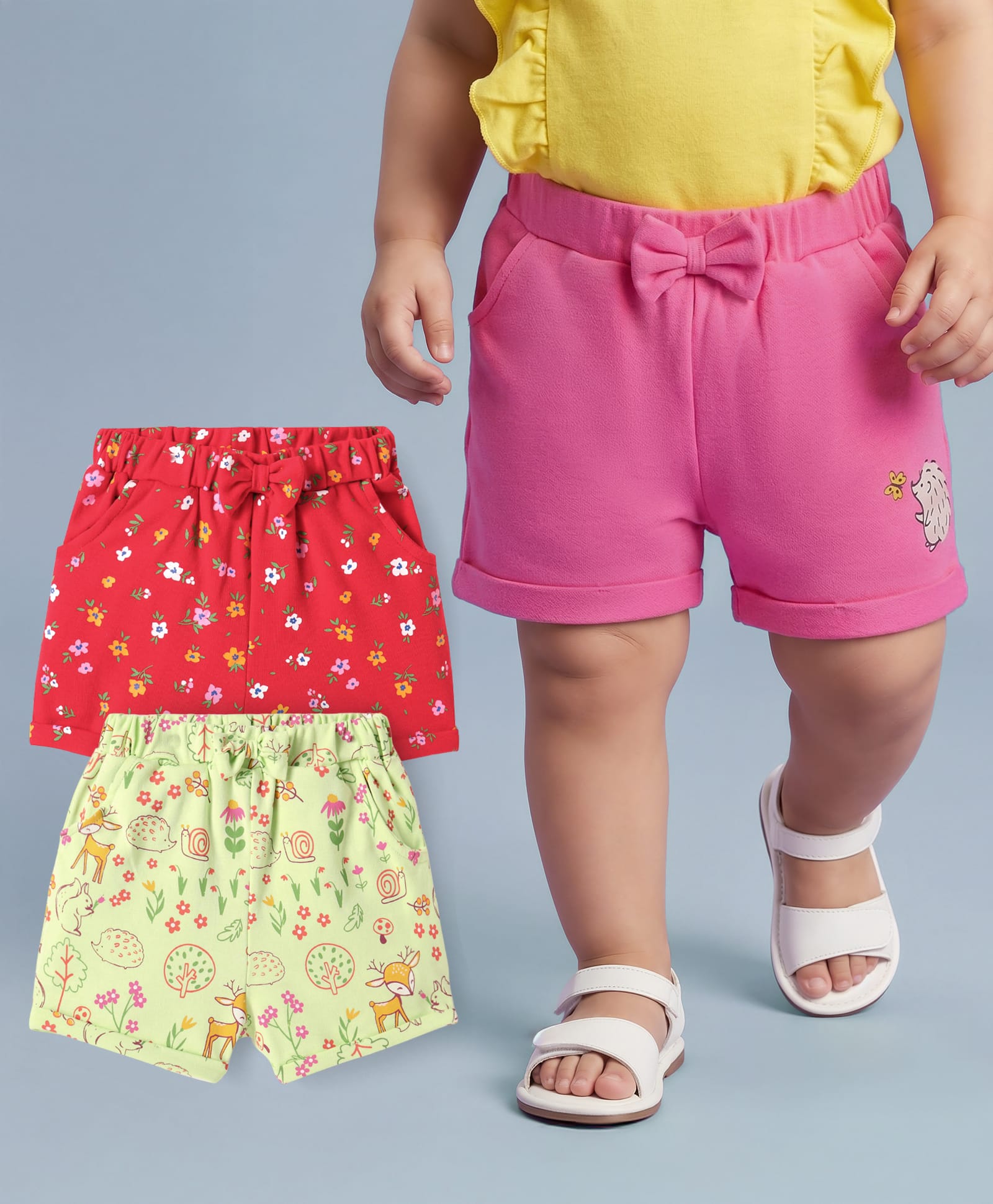 Babyoye Interlock Knit With Eco Jiva Finish Shorts With Animal & Floral Print Pack of 3 - Red Lime Green & Pink-picture-22