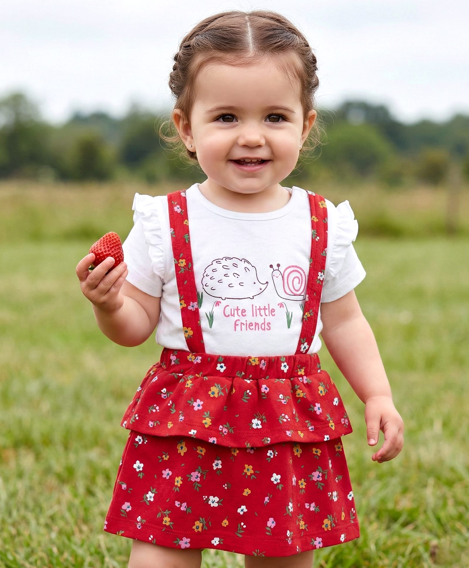 Babyoye 100% Cotton With Eco- Jiva Finish Snail Printed Half Sleeves Tops and Skirts Set- White & Red-image-42