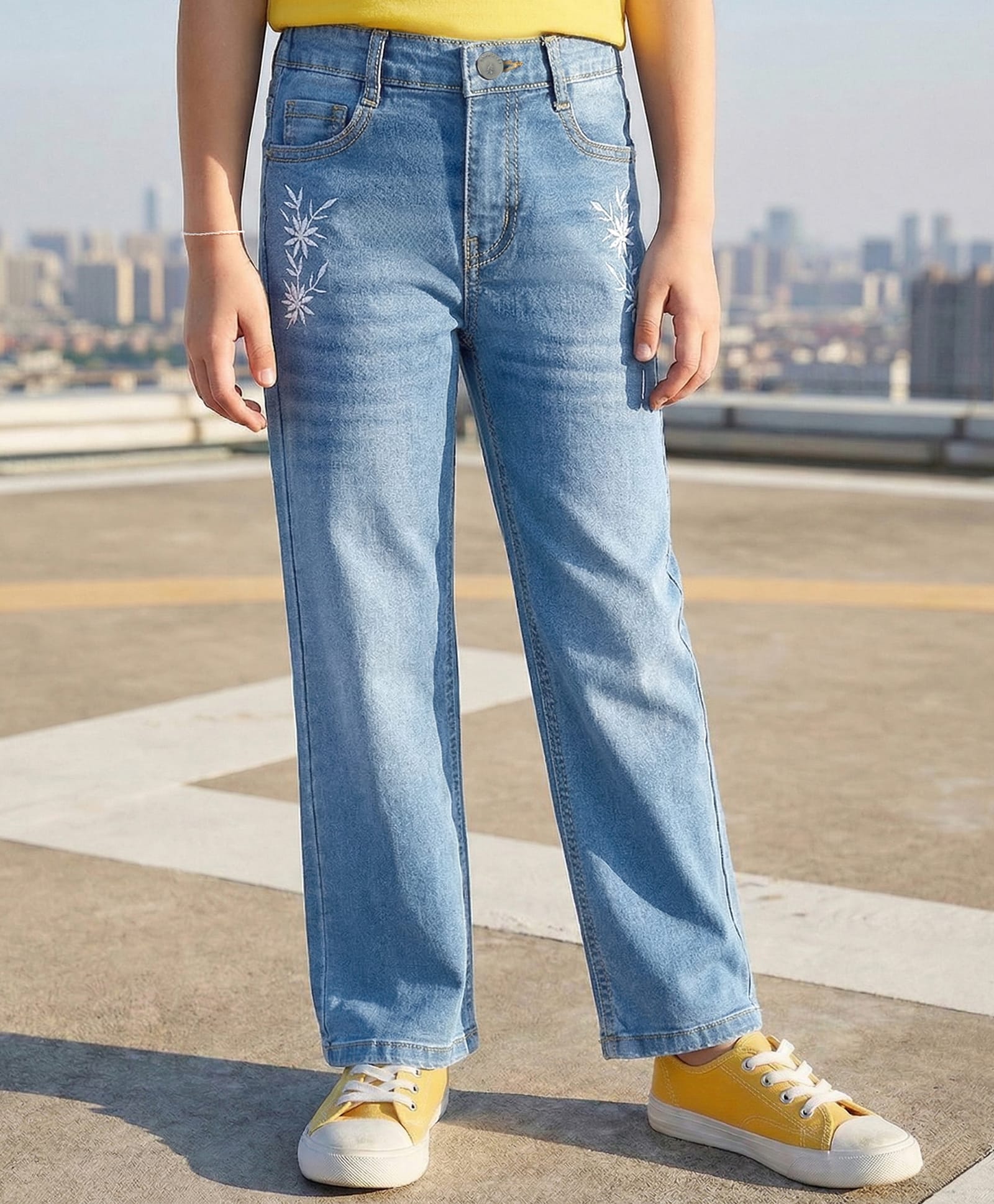 Pine Kids Woven Full Length Washed Denim Jeans With Floral Embroidery - Light Blue-picture-28