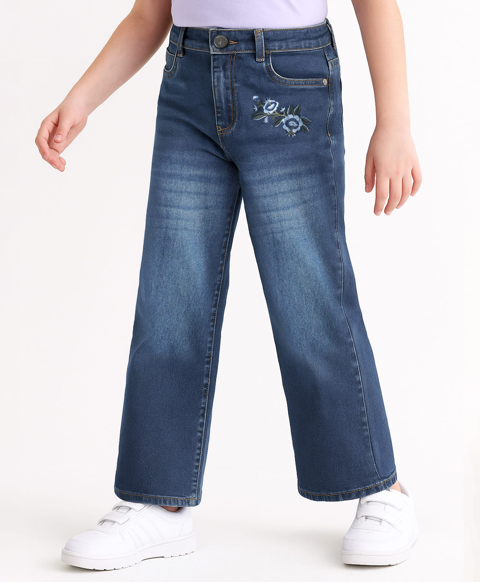 Pine Kids Denim Washed Full Length Jeans With Floral Embroidery - Navy Blue-picture-19