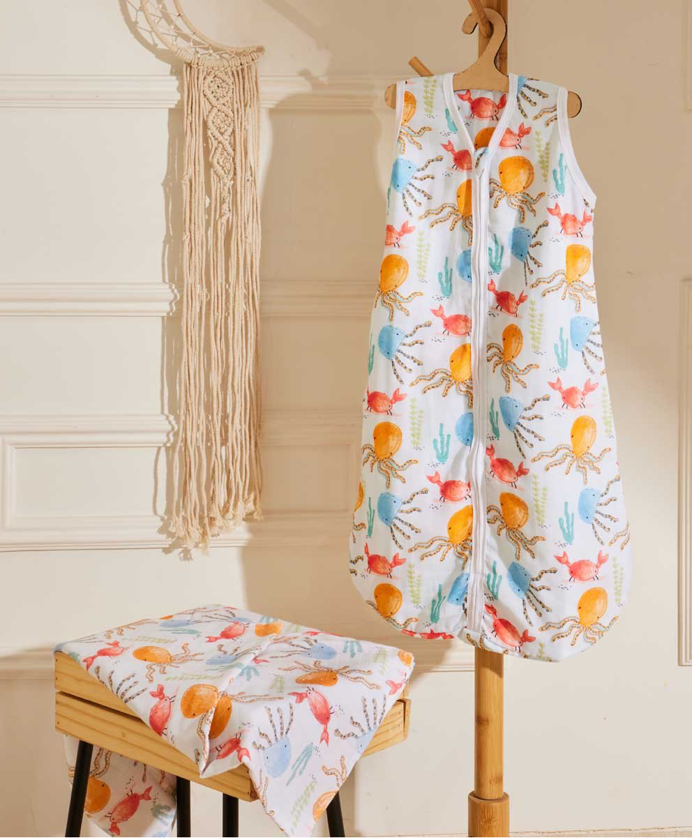 Softsens Under the Sea Super Soft Muslin 4-layer Sleep Bag - White, Red & Sky Blue-image-3
