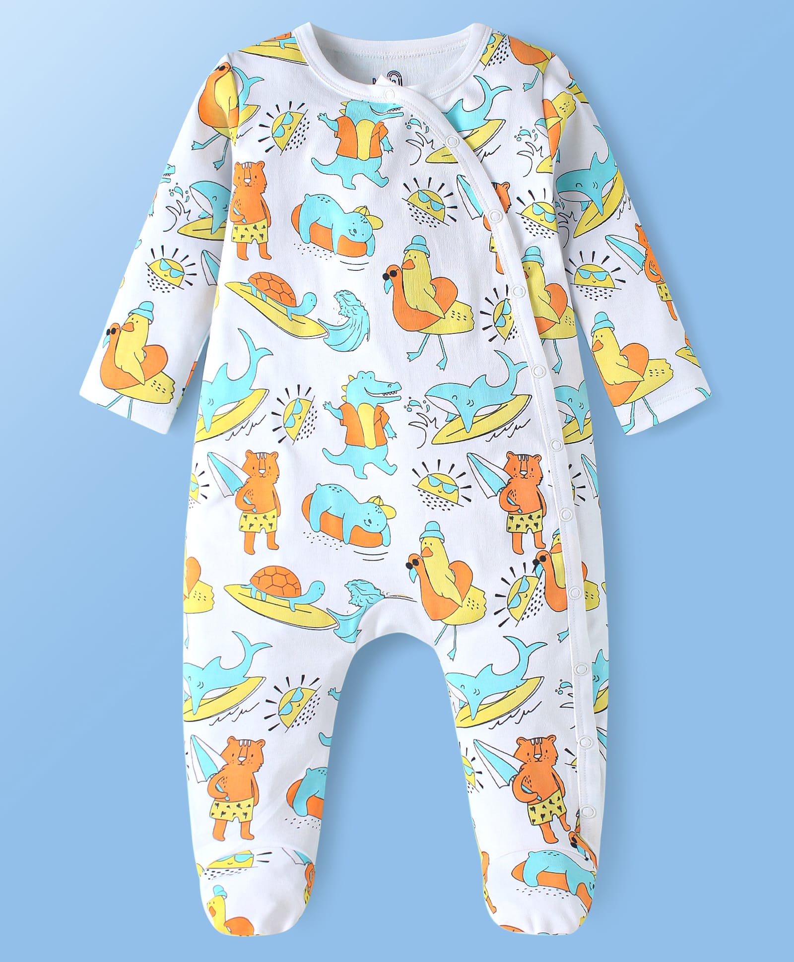 Doodle Poodle Interlock Knit Full Sleeves Footed Sleepsuit With Animal Print - White-picture-27