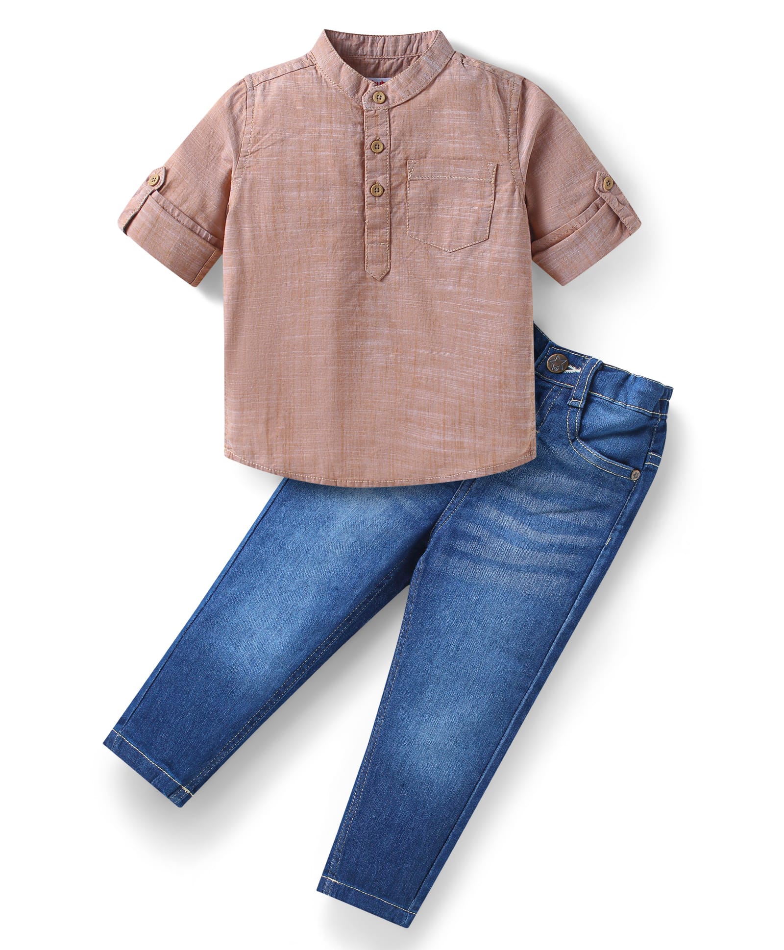 Babyhug Cotton Woven Full Sleeves Kurta Styled Solid Shirt & Denim Jeans Set - Tan & Blue-image-14