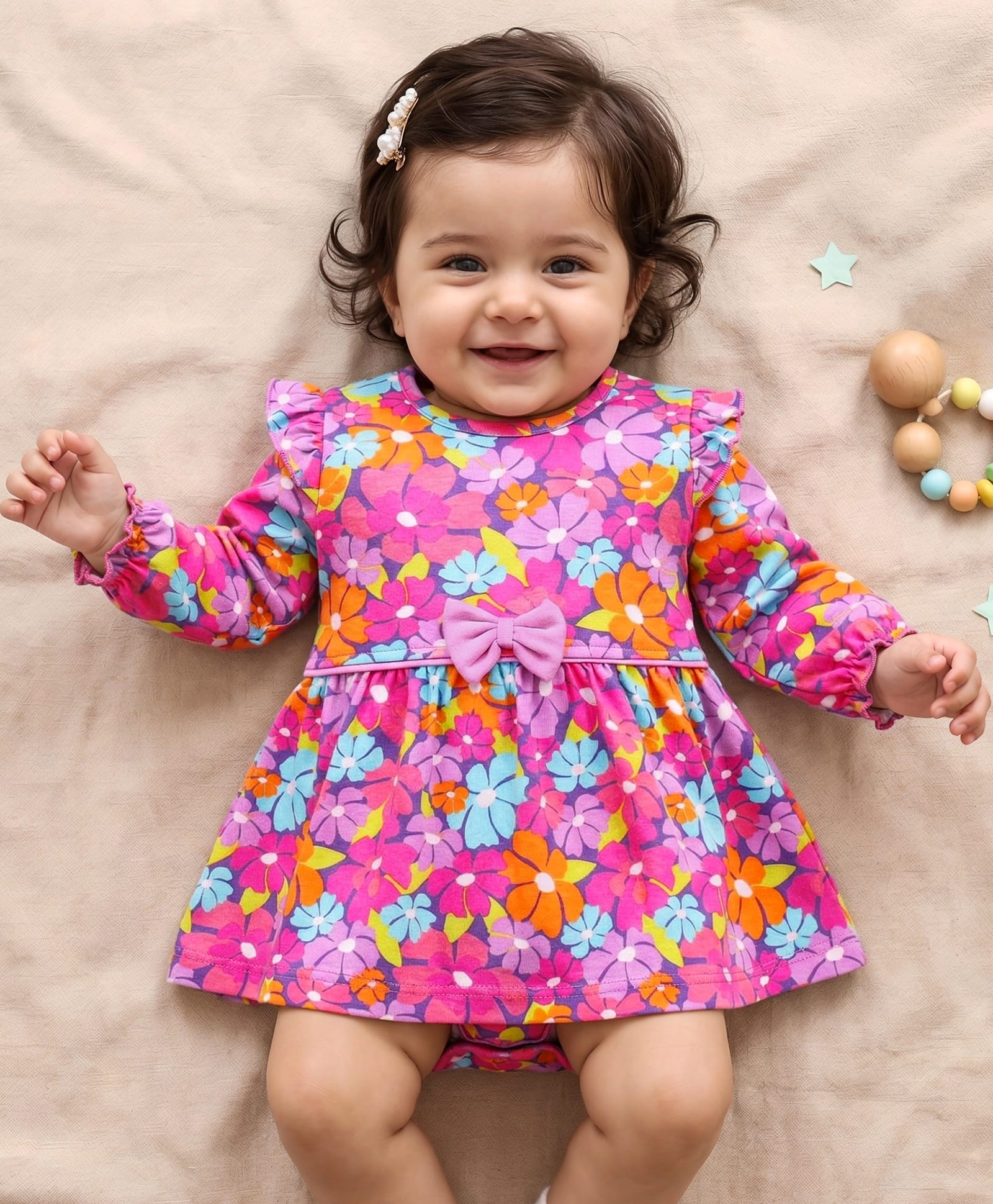 babyhug interlock knit full sleeves frock style onesie with floral print & bow applique - fuchsia