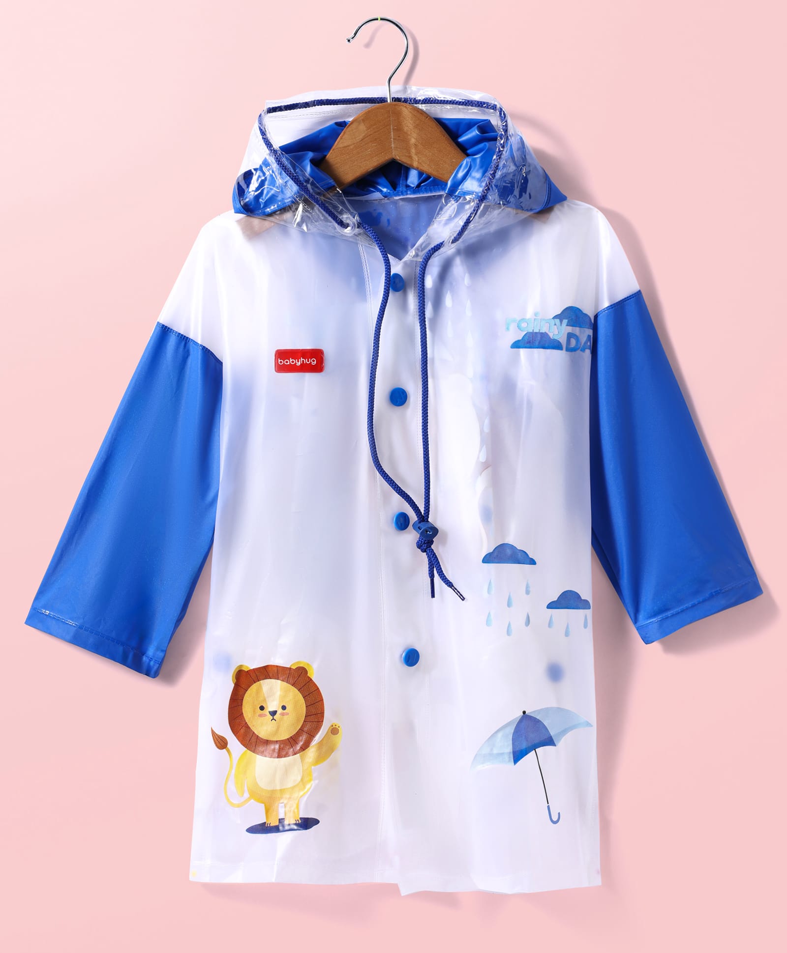 Babyhug Full Sleeves Below Knee Length Raincoat With Lion Print - Royal Blue