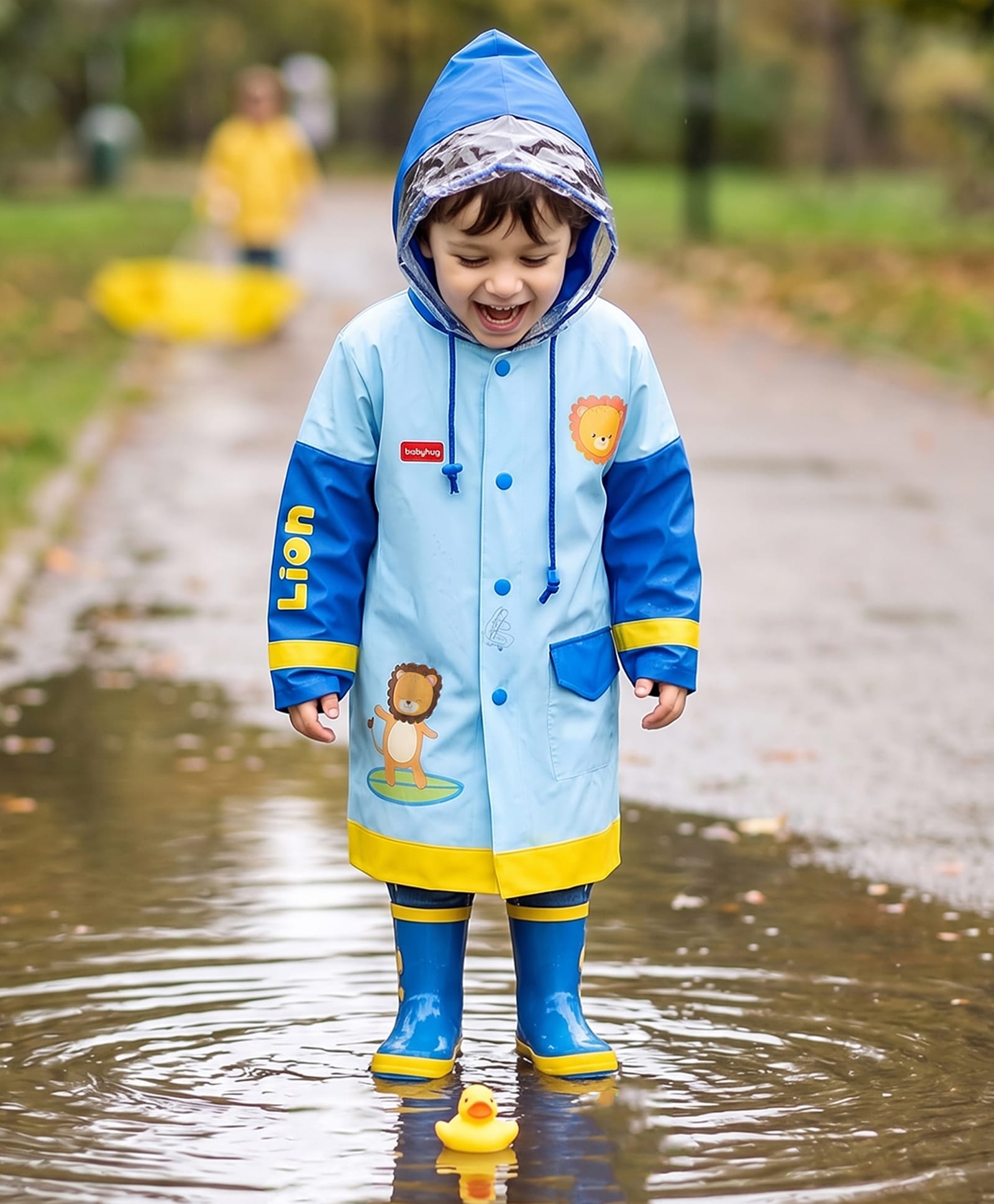 Babyhug Full Sleeves Below Knee Length Raincoat With Lion Print - Light Blue-image-27
