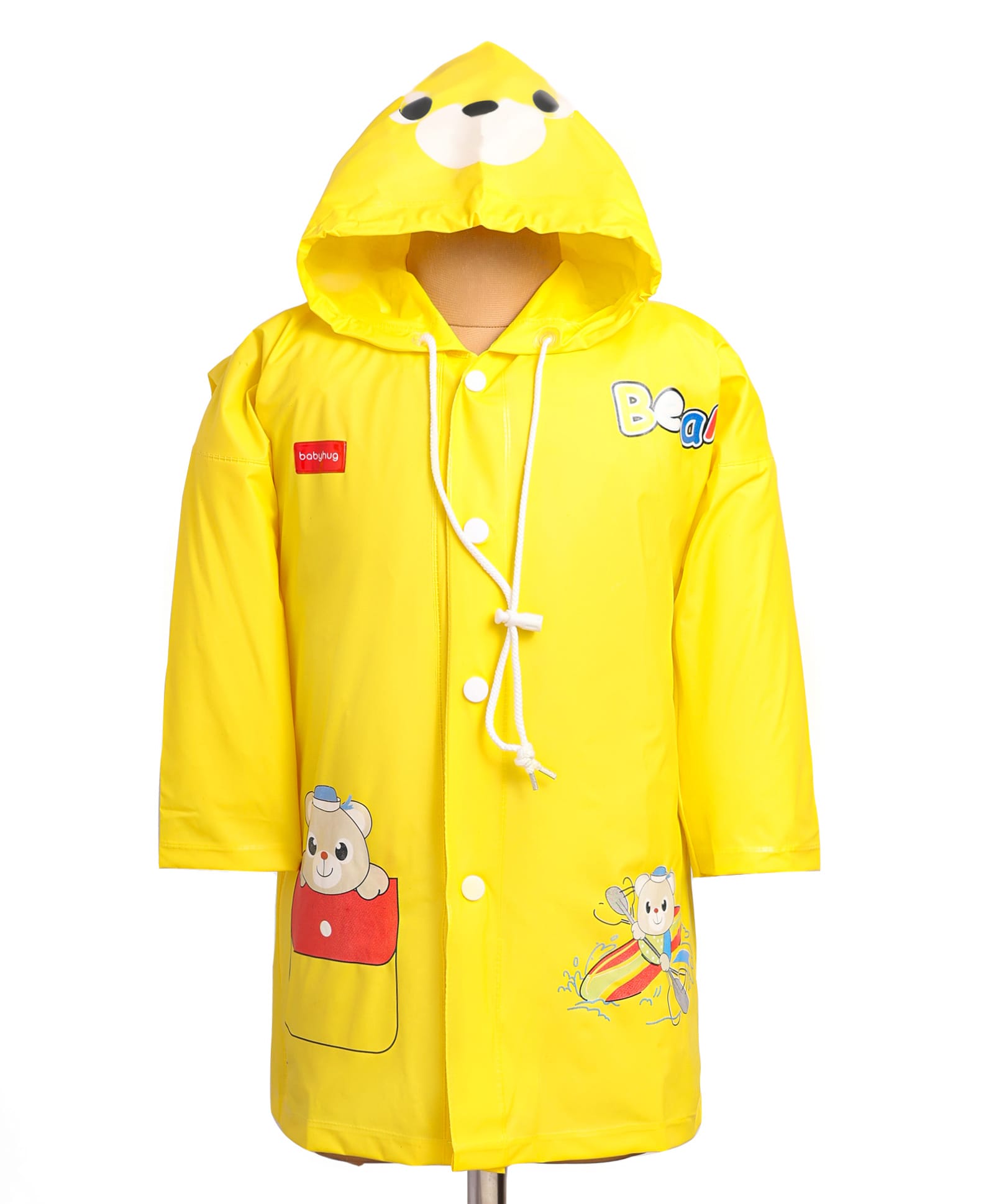 Babyhug Full Sleeves Below Knee Length Raincoat With Bear Box Print - Yellow-image-2