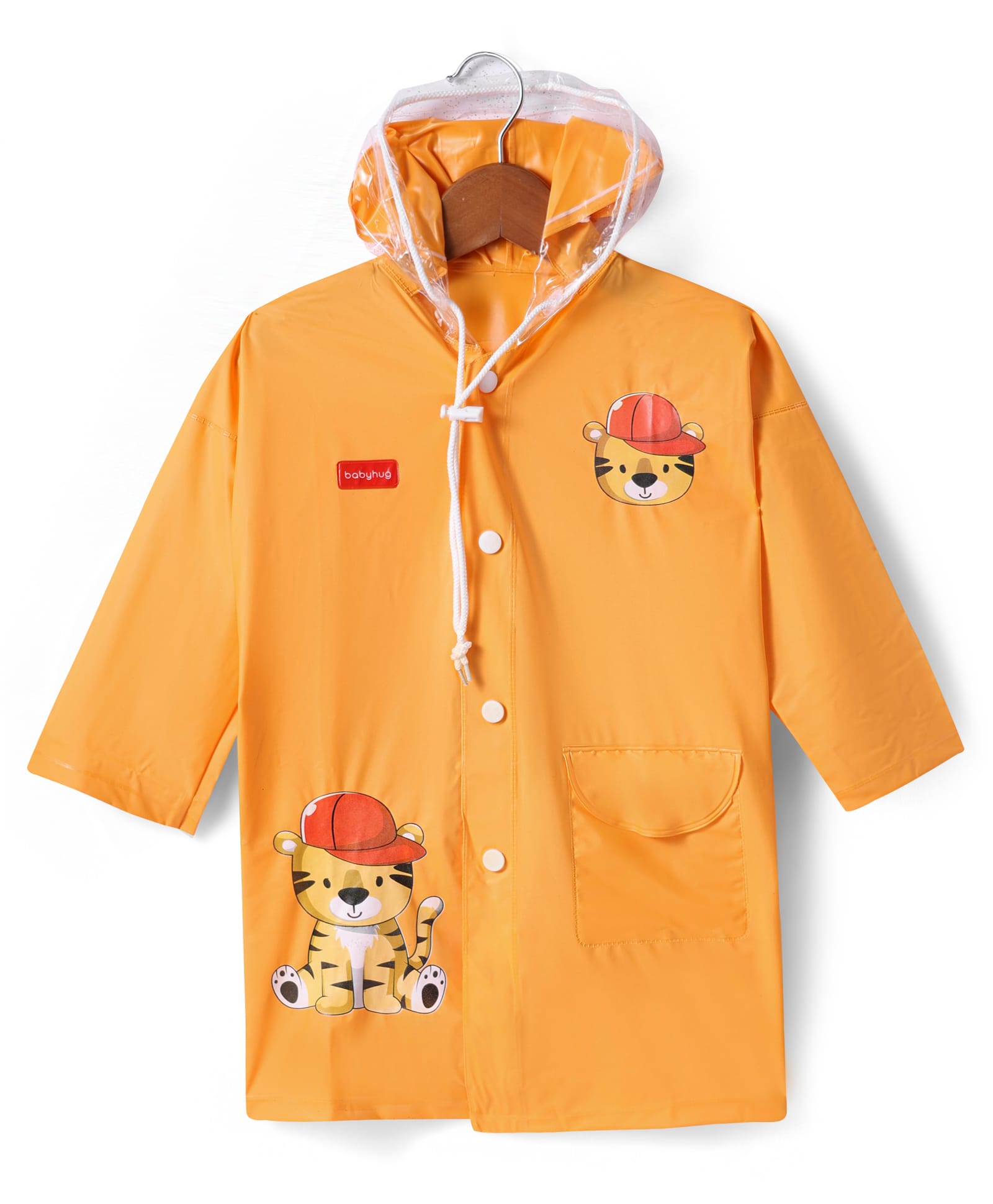 Babyhug Full Sleeves Below Knee Length Raincoat With Tiger Print - Orange