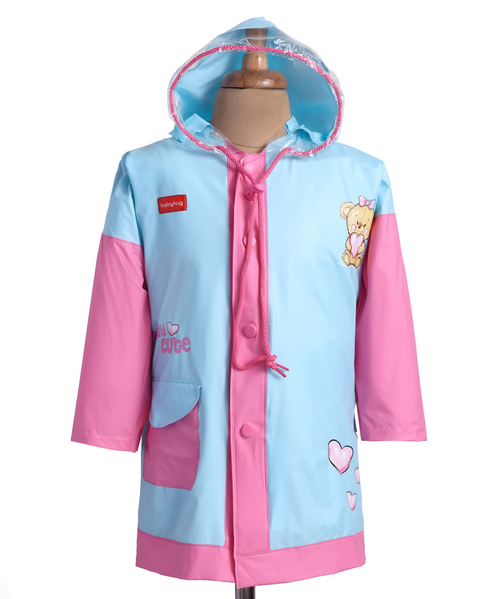 Babyhug Full Sleeves Below Knee Length Raincoat With Teddy Box Print - Pink & Light Blue